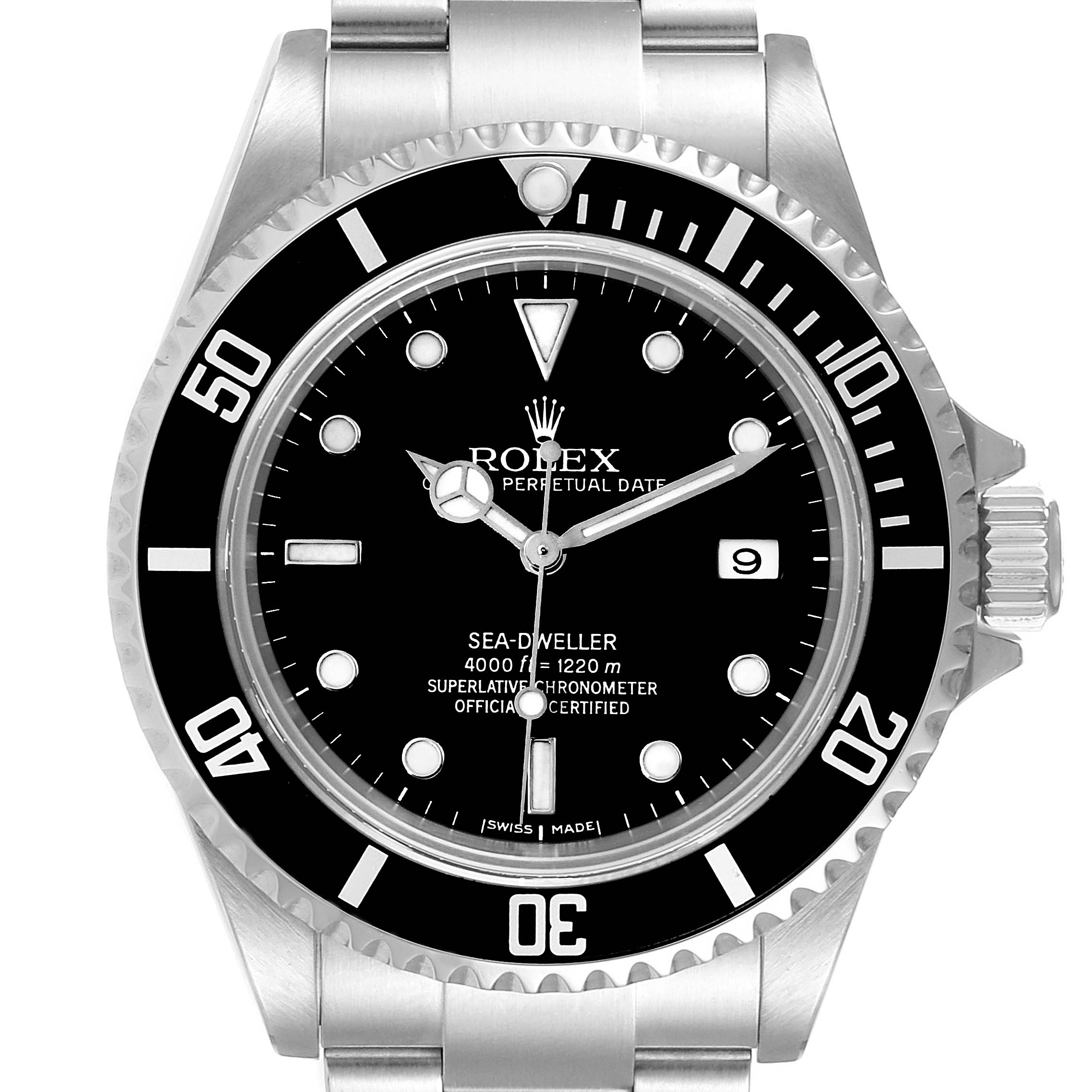The image shows a frontal view of the Rolex Sea-Dweller 16600 Men
s Stainless Steel Black Dial 16600 Men
s Stainless Steel Black Dial watch featuring its face, bezel, crown, and part of the bracelet.