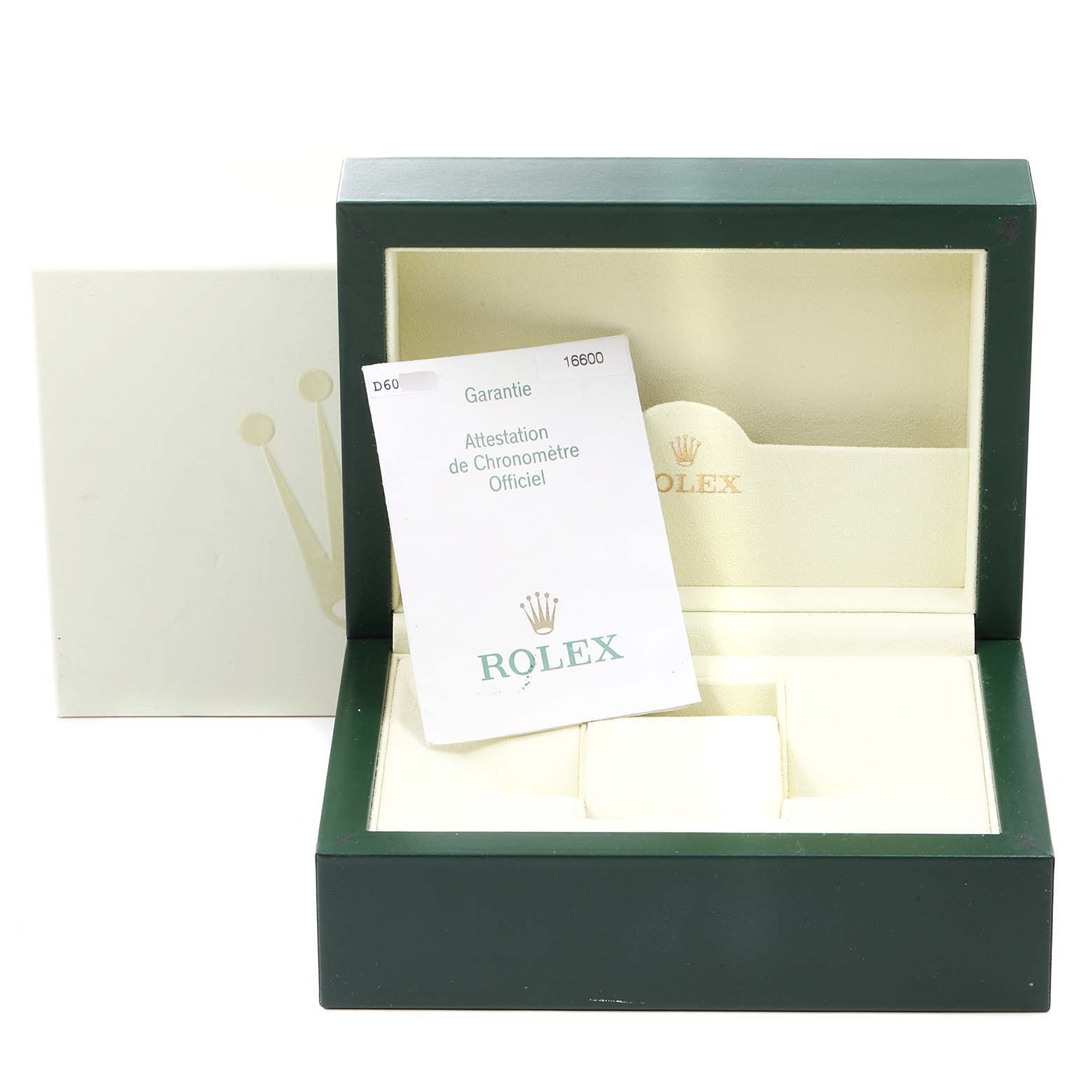 This image shows the open box and paperwork for the Rolex Sea-Dweller 16600 Men
s Stainless Steel Black Dial 16600 Men
s Stainless Steel Black Dial watch.