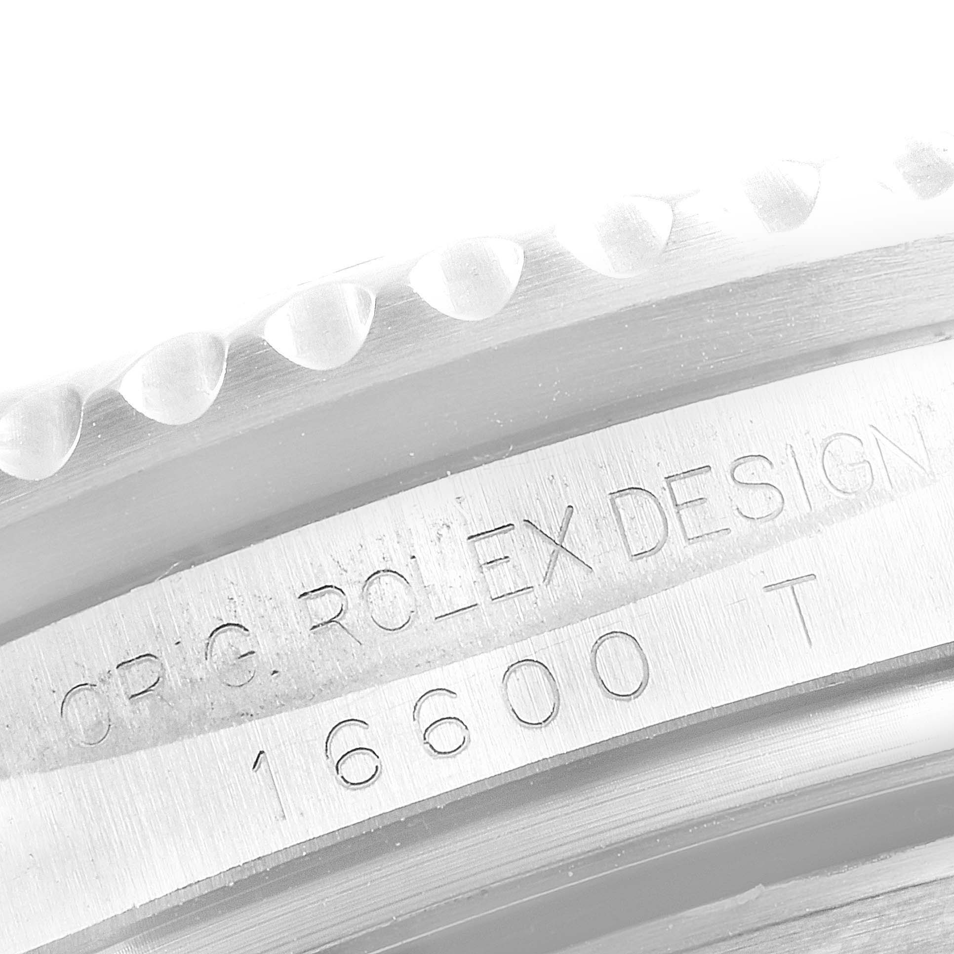 This image shows a close-up of the engraved case side of a Rolex Sea-Dweller 16600 Men
s Stainless Steel Black Dial 16600 Men
s Stainless Steel Black Dial model, highlighting the design and model number 16600.