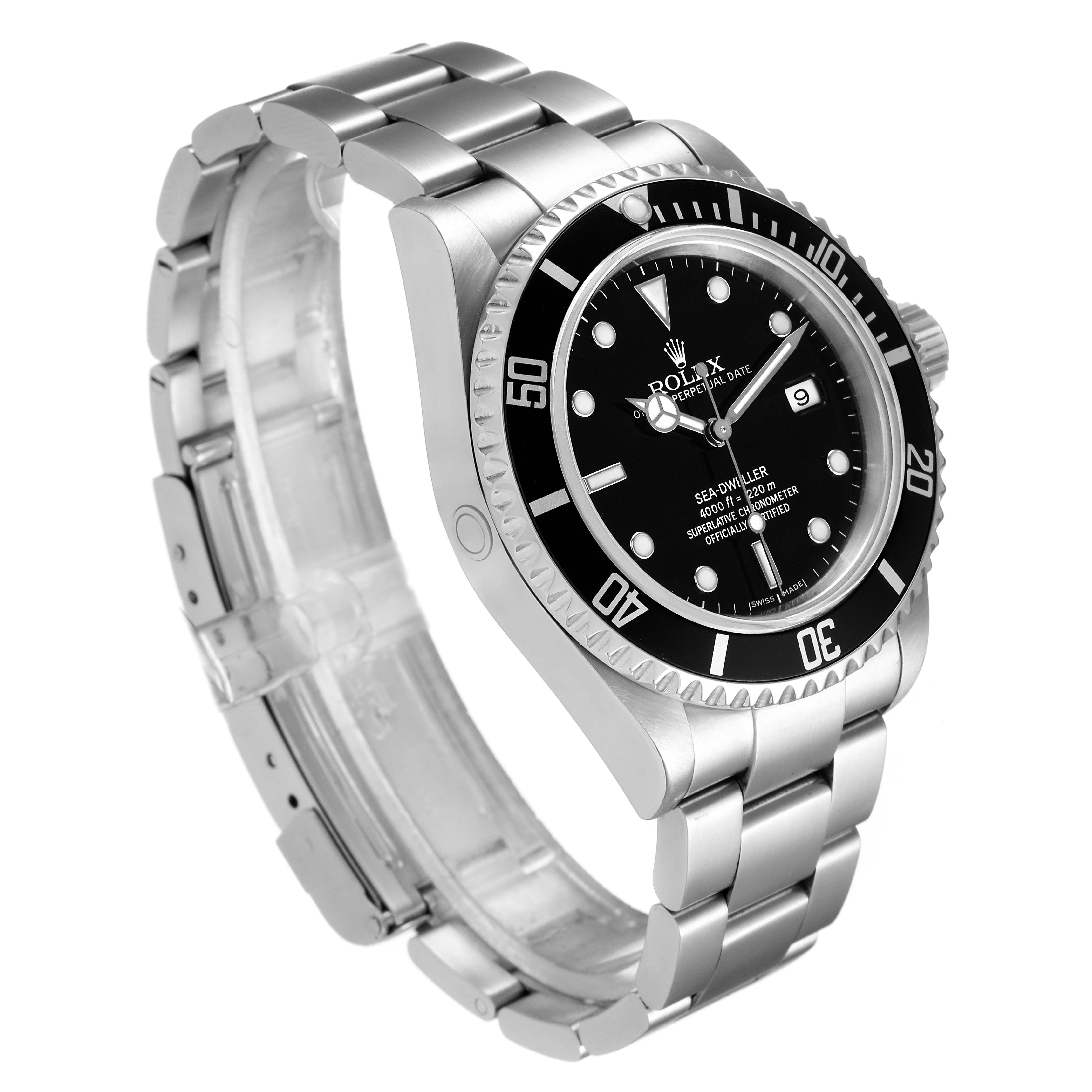 The image shows a Rolex Sea-Dweller 16600 Men
s Stainless Steel Black Dial 16600 Men
s Stainless Steel Black Dial watch at a three-quarter angle, highlighting its bezel, dial, case, and bracelet.