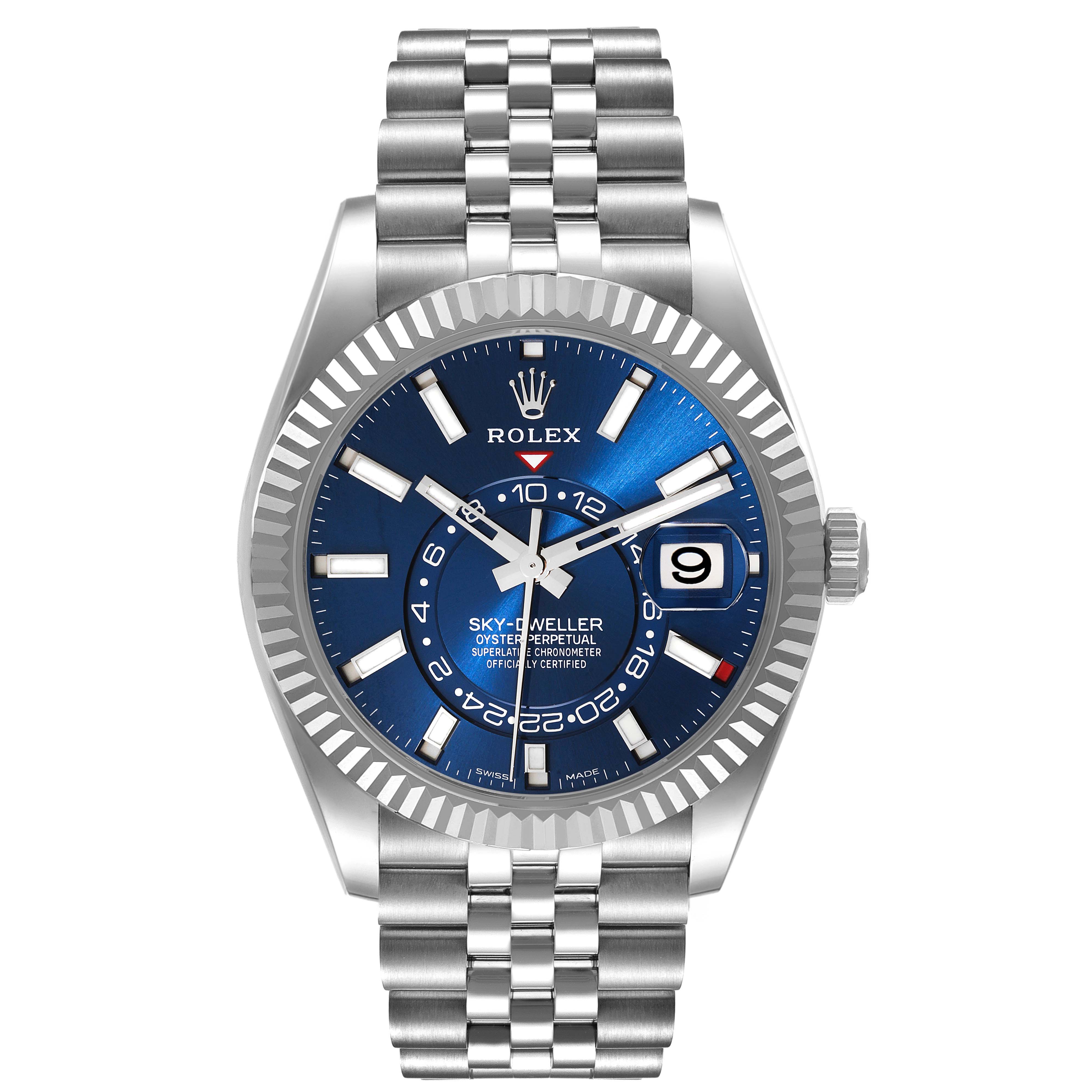 The image shows the front view of a Rolex Sky-Dweller 326934 Men's Stainless Steel Blue Dial 326934 Men's Stainless Steel Blue Dial watch with a blue dial, bezel, and bracelet.