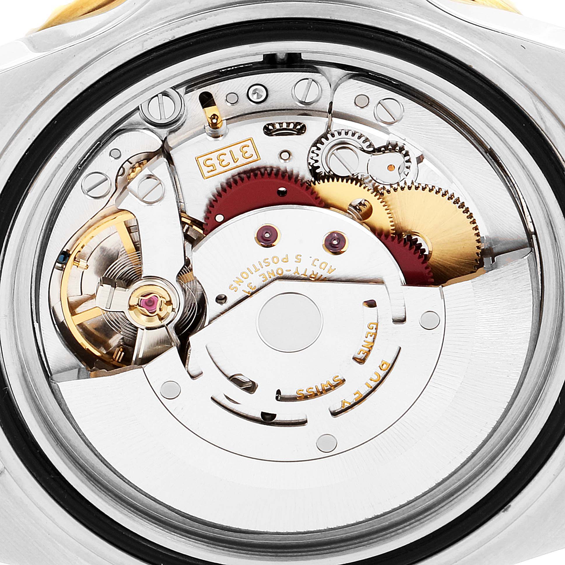 This is a close-up view of the internal mechanism of a Rolex Submariner 16613 Men
s Steel and Gold (two tone) Blue Dial 16613 Men
s Steel and Gold (two tone) Blue Dial watch, showing gears and the rotor.