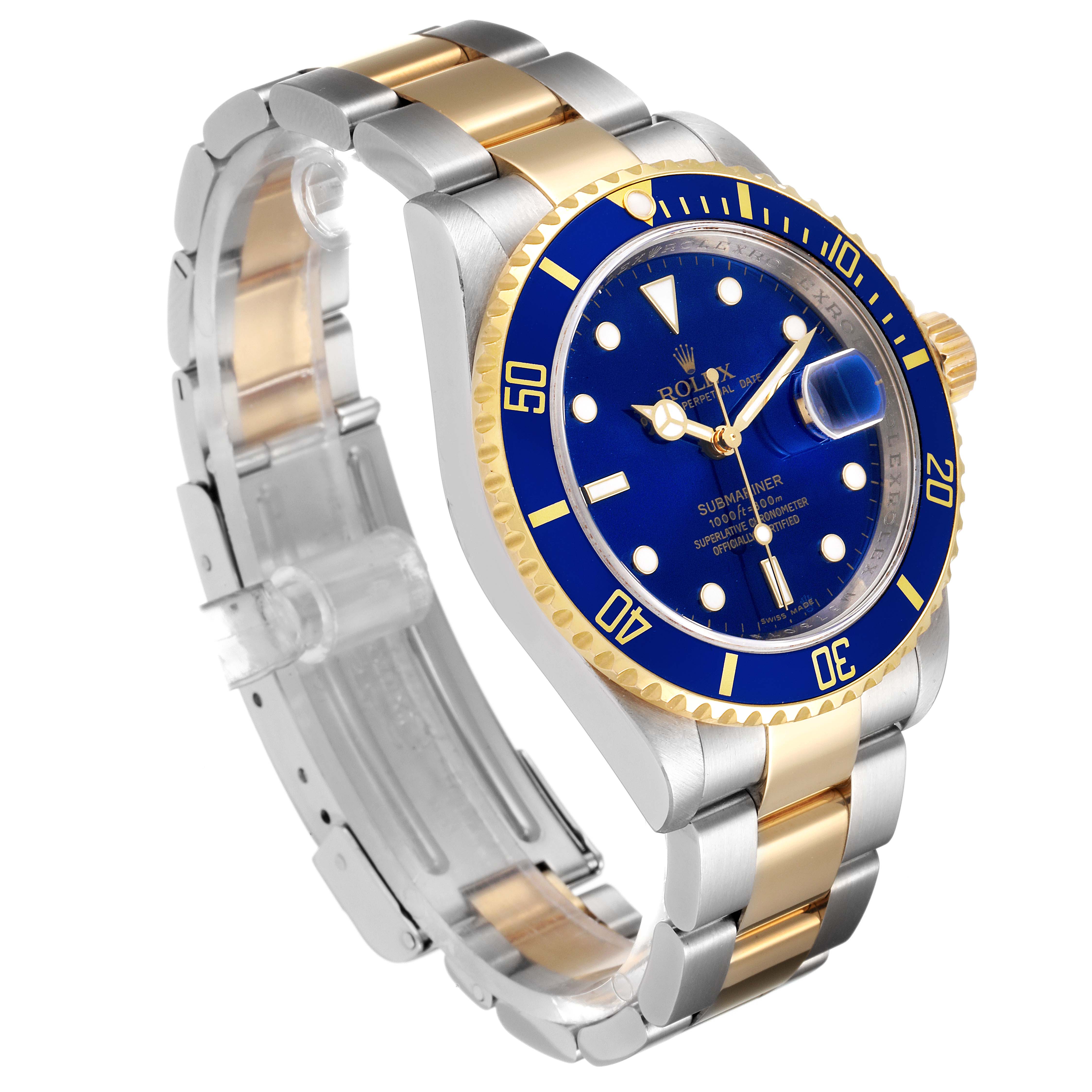 The Rolex Submariner 16613 Men
s Steel and Gold (two tone) Blue Dial 16613 Men
s Steel and Gold (two tone) Blue Dial watch is shown at a three-quarter angle, highlighting its blue dial, gold bezel, and two-tone bracelet.