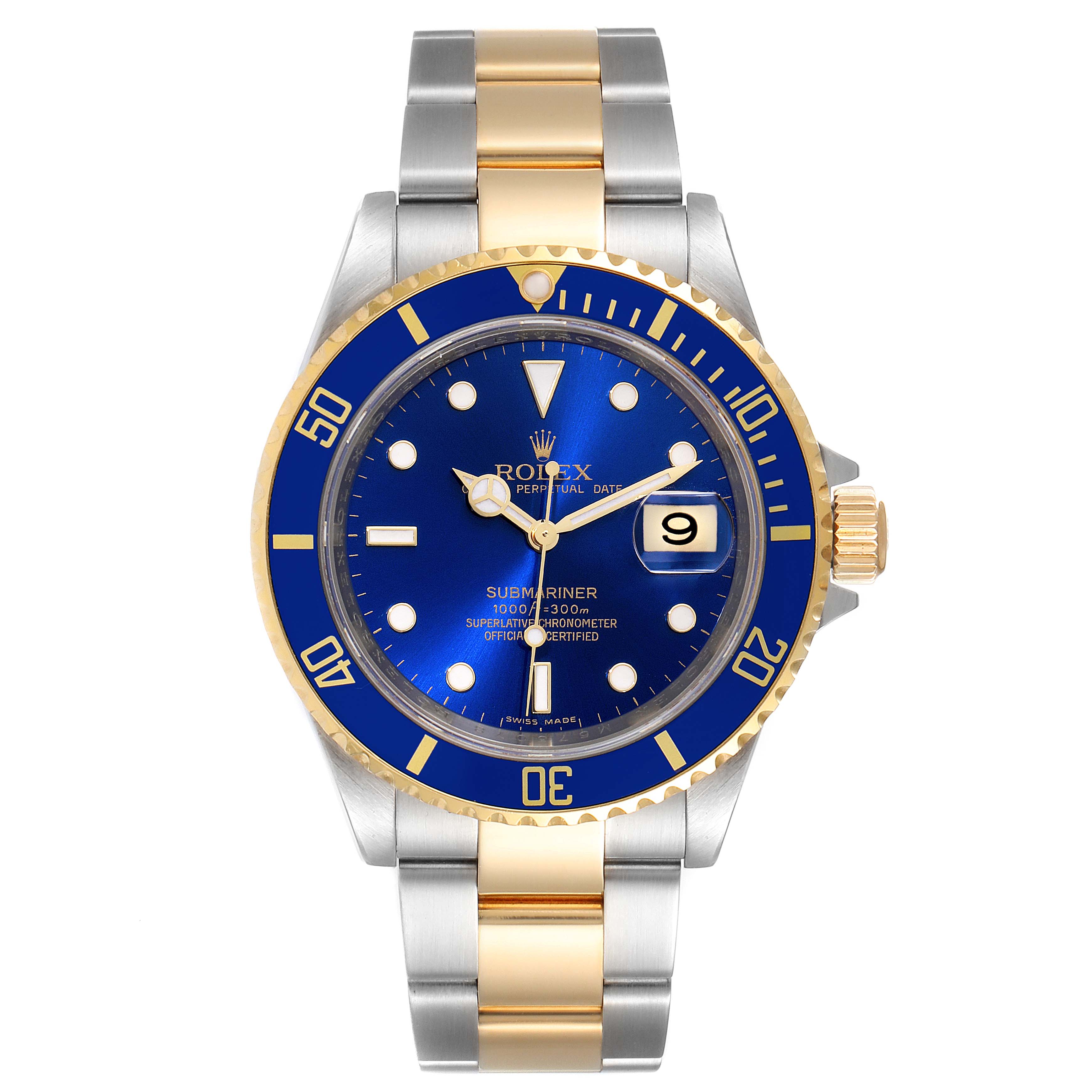 The image shows a front view of a Rolex Submariner 16613 Men
s Steel and Gold (two tone) Blue Dial 16613 Men
s Steel and Gold (two tone) Blue Dial watch, highlighting its blue dial, two-tone bracelet, and gold bezel.