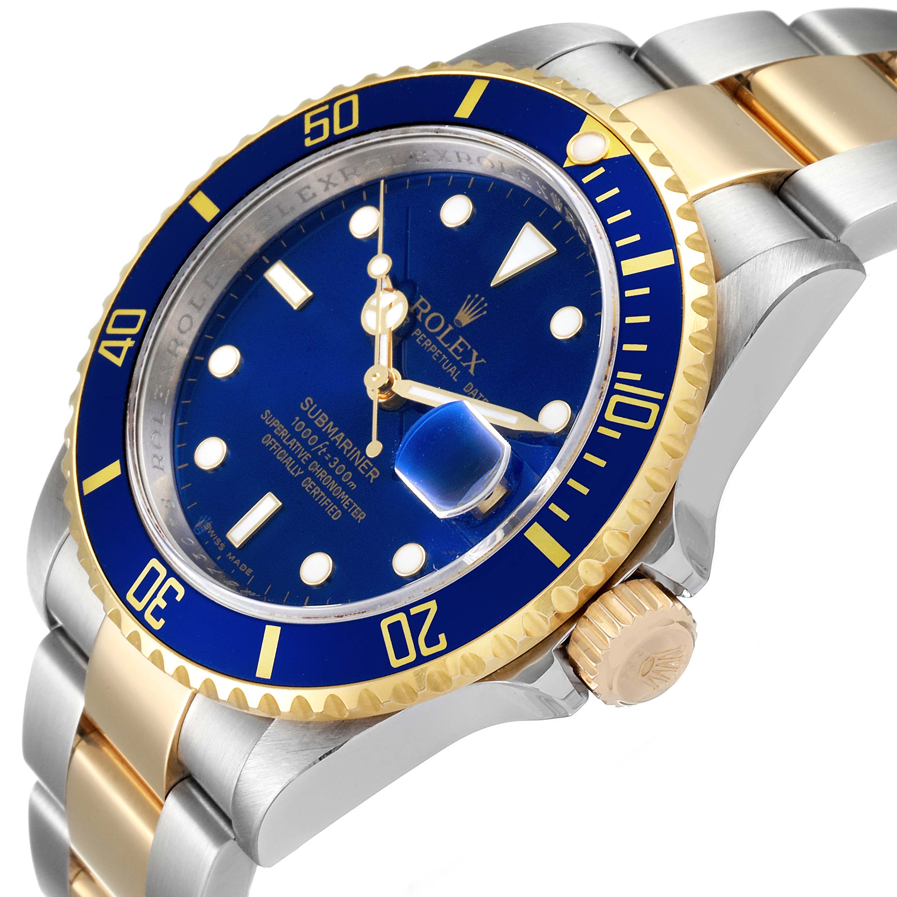 The image shows a side and partial top view of a Rolex Submariner 16613 Men
s Steel and Gold (two tone) Blue Dial 16613 Men
s Steel and Gold (two tone) Blue Dial watch, highlighting the blue dial, bezel, and two-tone bracelet.