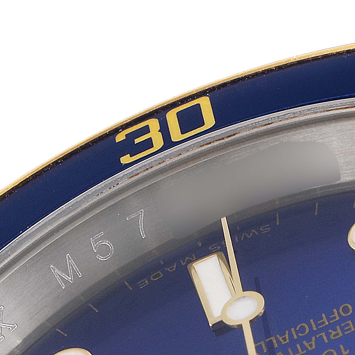 The image shows a close-up of the bezel and part of the dial of a Rolex Submariner 16613 Men
s Steel and Gold (two tone) Blue Dial 16613 Men
s Steel and Gold (two tone) Blue Dial watch, highlighting the "30" marker.