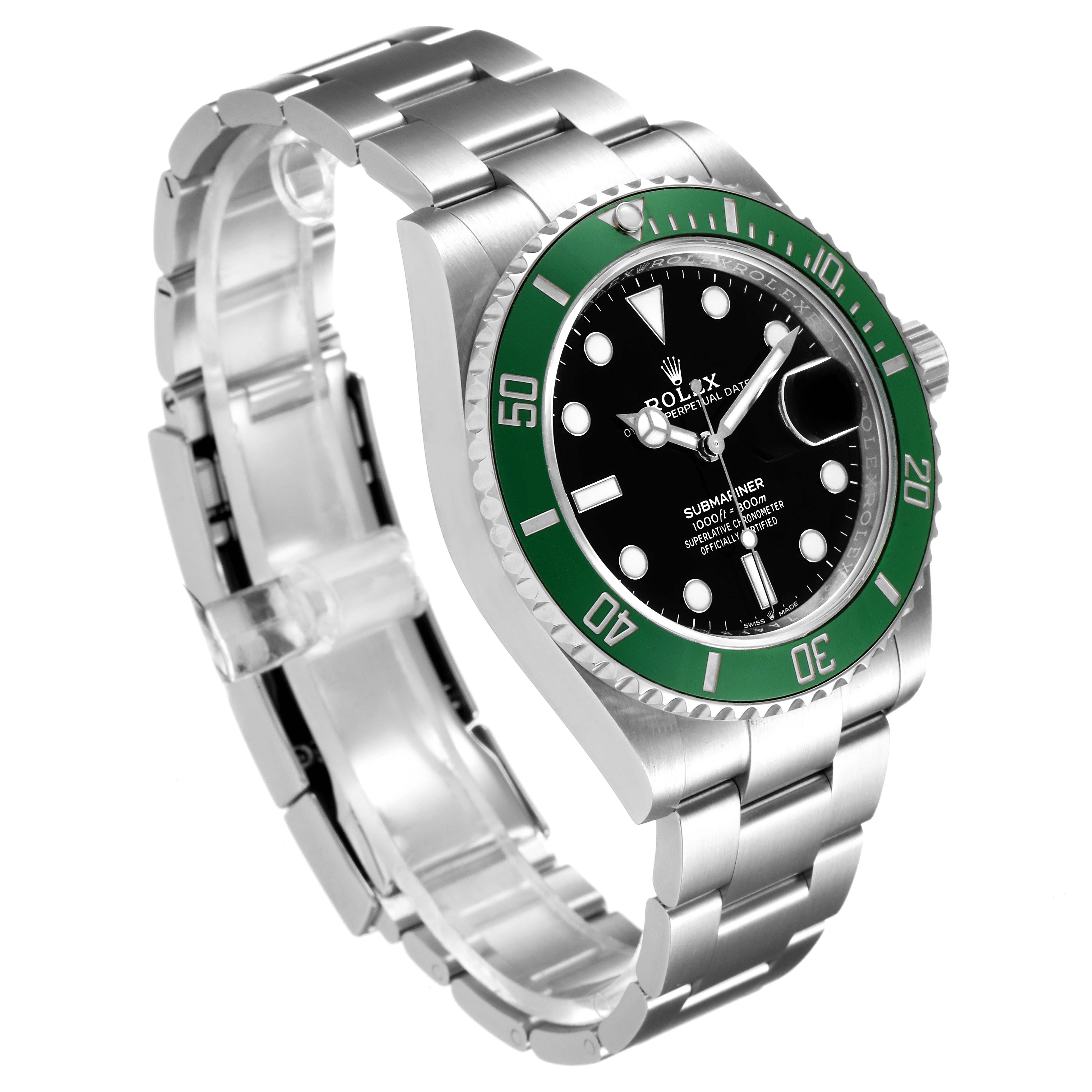 The image shows a side view of the Rolex Submariner 126610LV Men's Stainless Steel Black Dial 126610LV Men's Stainless Steel Black Dial watch, highlighting its green bezel, black dial, and silver metal bracelet.