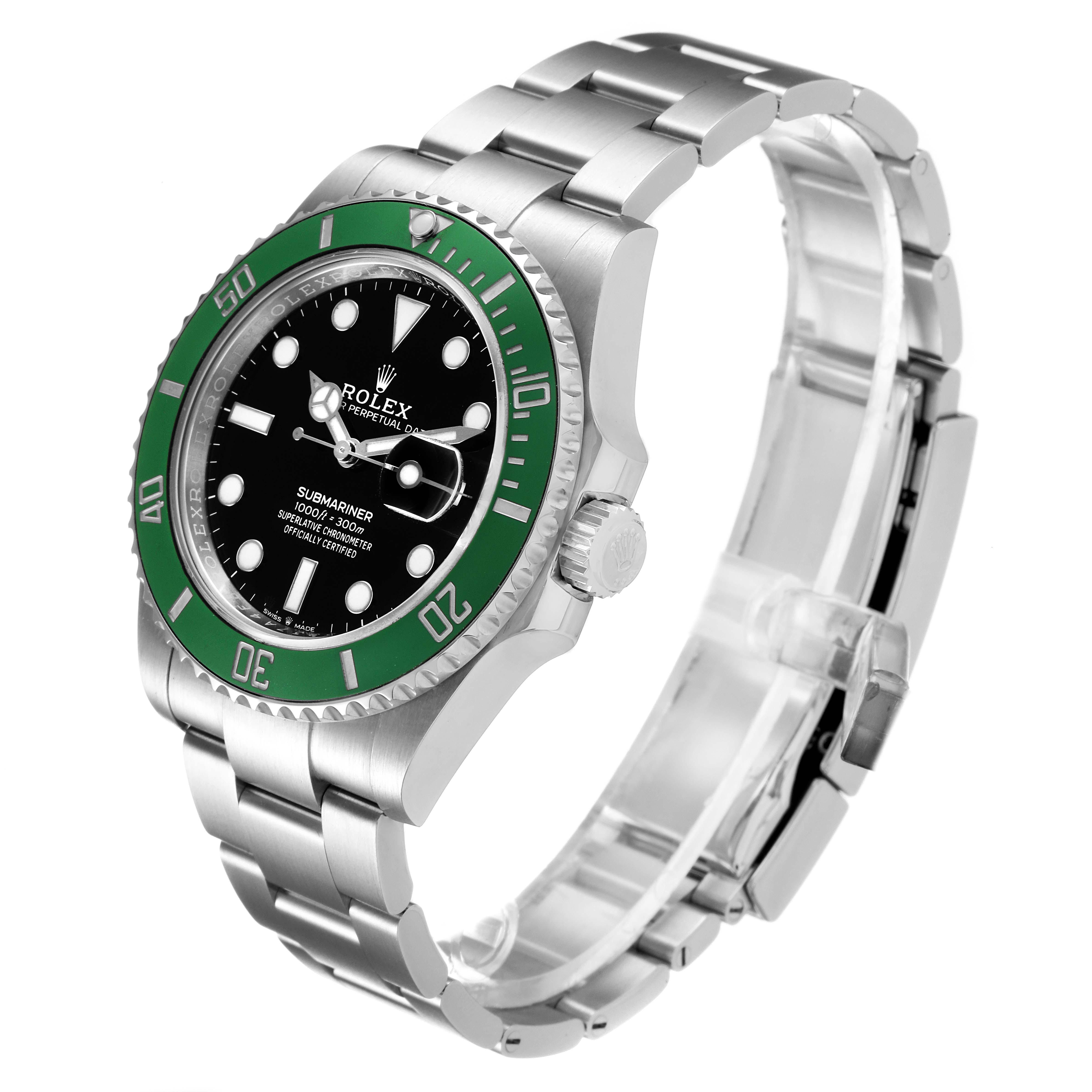 The image shows a Rolex Submariner 126610LV Men's Stainless Steel Black Dial 126610LV Men's Stainless Steel Black Dial watch at an angle highlighting its green bezel, black dial, and stainless steel band.