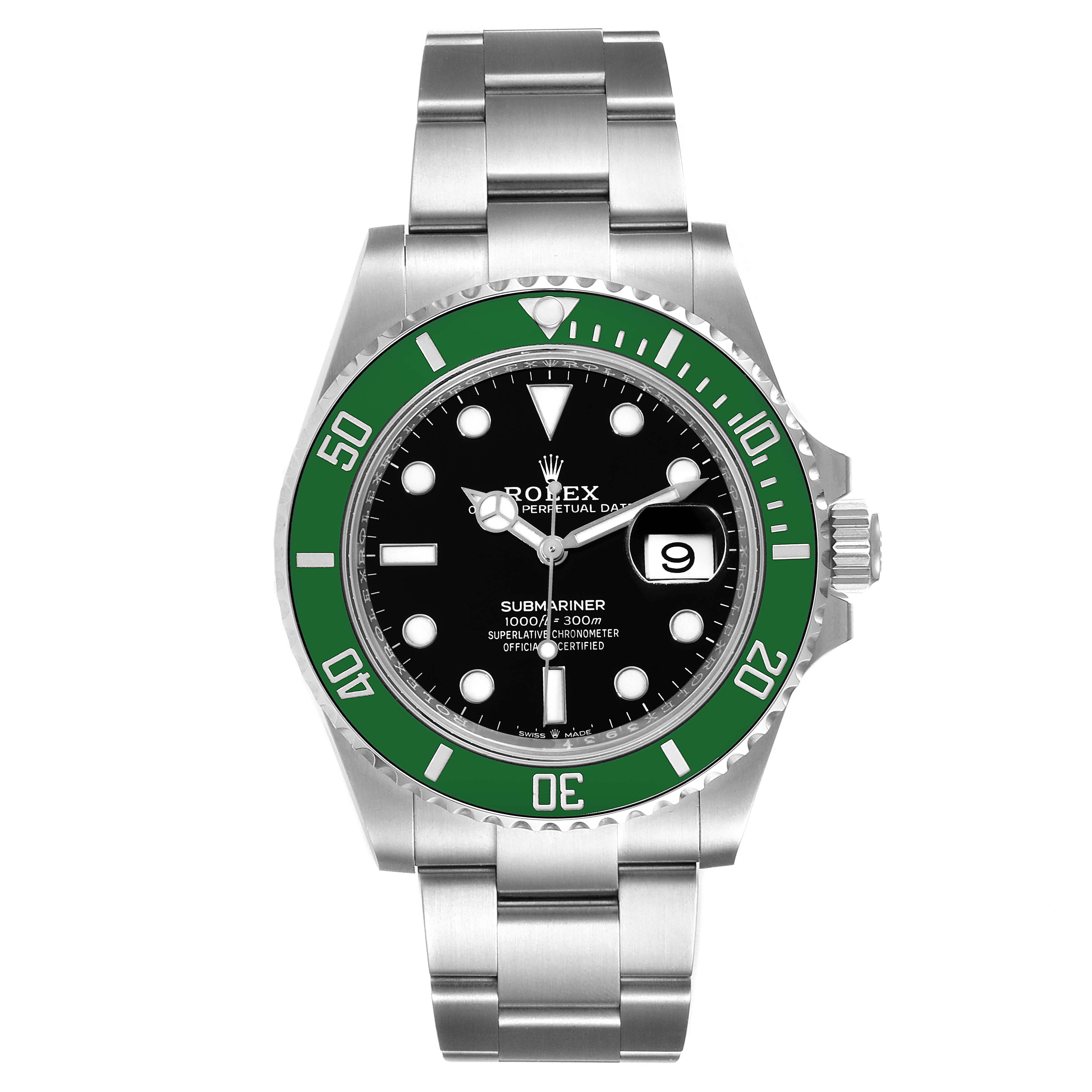 This image shows a front-facing view of a Rolex Submariner 126610LV Men's Stainless Steel Black Dial 126610LV Men's Stainless Steel Black Dial watch with a green bezel and black dial.