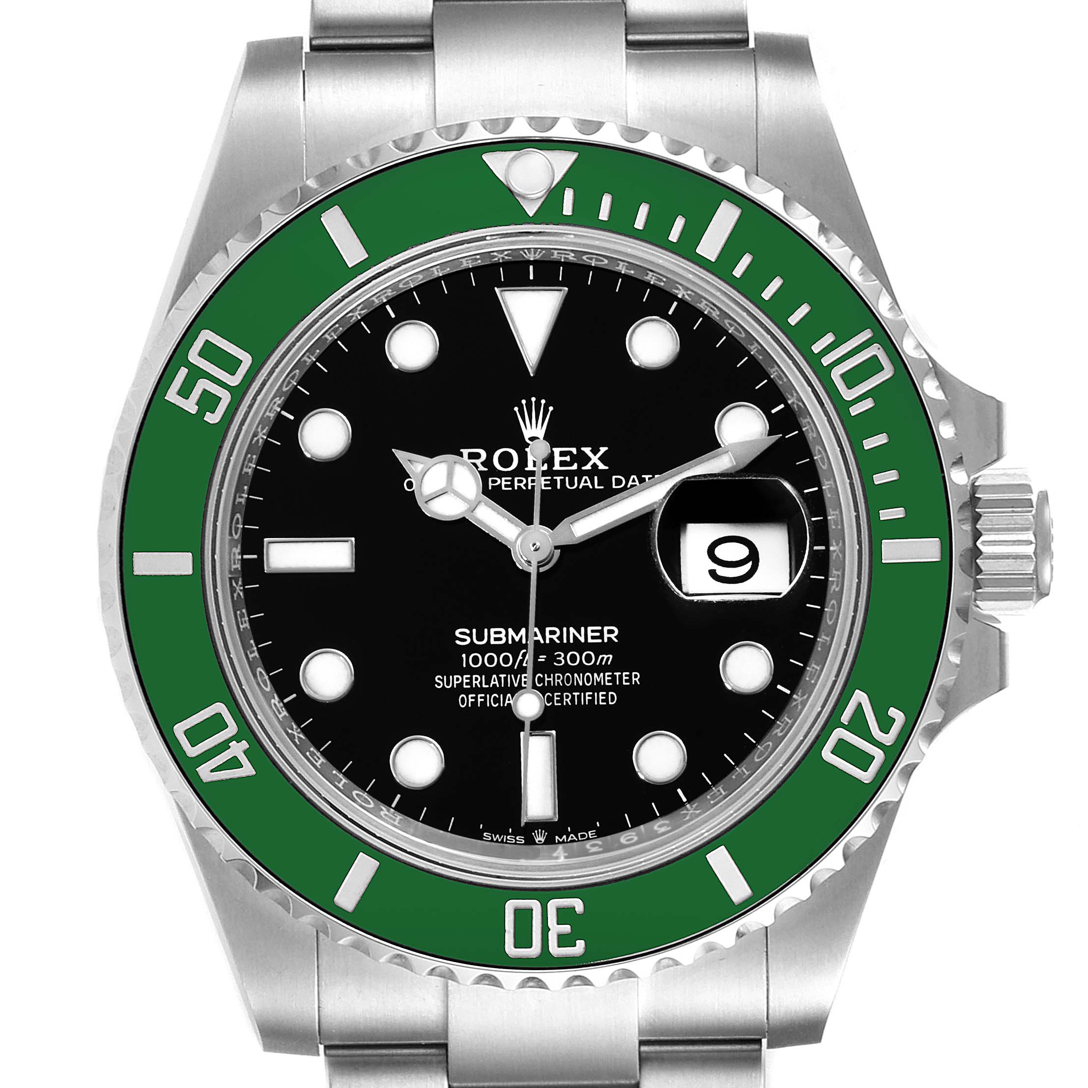 The image shows a front view of the Rolex Submariner 126610LV Men's Stainless Steel Black Dial 126610LV Men's Stainless Steel Black Dial watch, highlighting its green bezel, black dial, and Oyster bracelet.