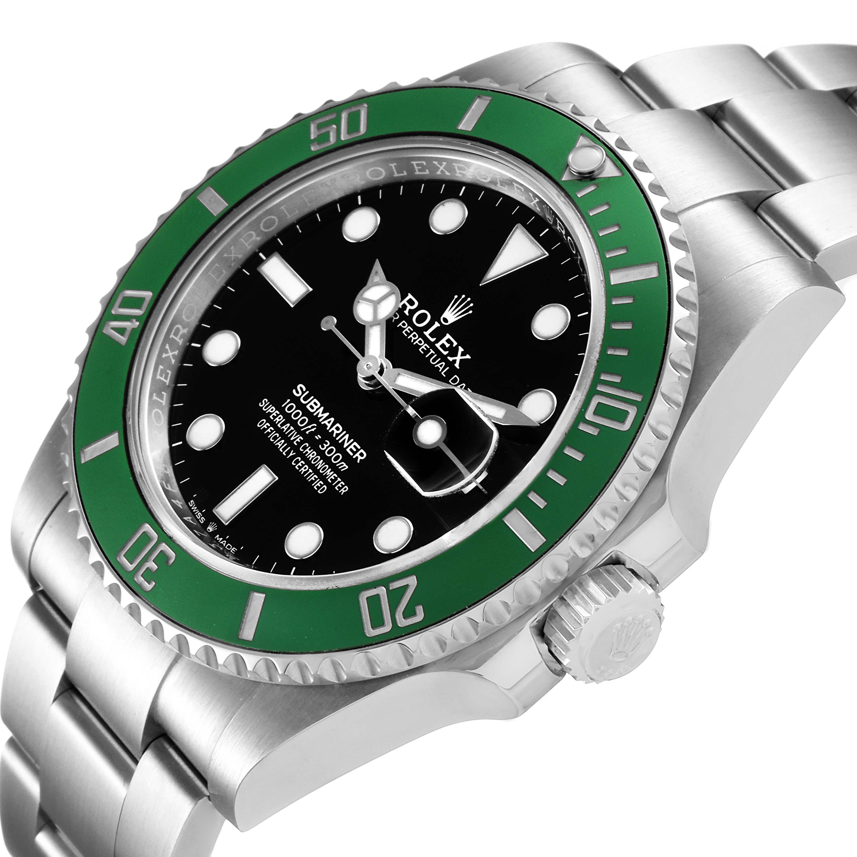 This image shows a Rolex Submariner 126610LV Men's Stainless Steel Black Dial 126610LV Men's Stainless Steel Black Dial watch at a slight angle, highlighting its green bezel, black dial, and Oyster bracelet.