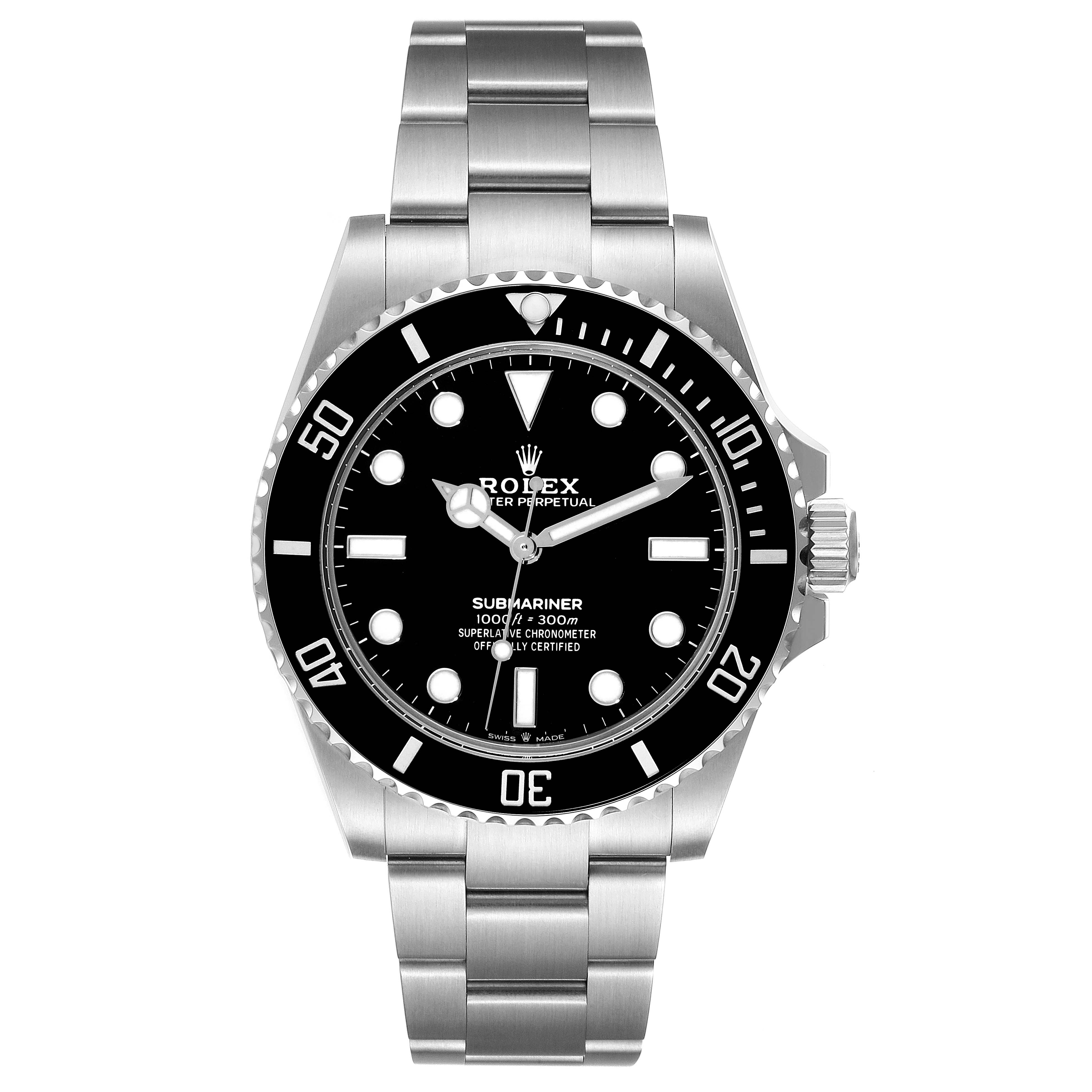 This is a front view angle of a Rolex Submariner 124060 Men's Stainless Steel Black Dial 124060 Men's Stainless Steel Black Dial watch, showing the dial, bezel, crown, and bracelet.