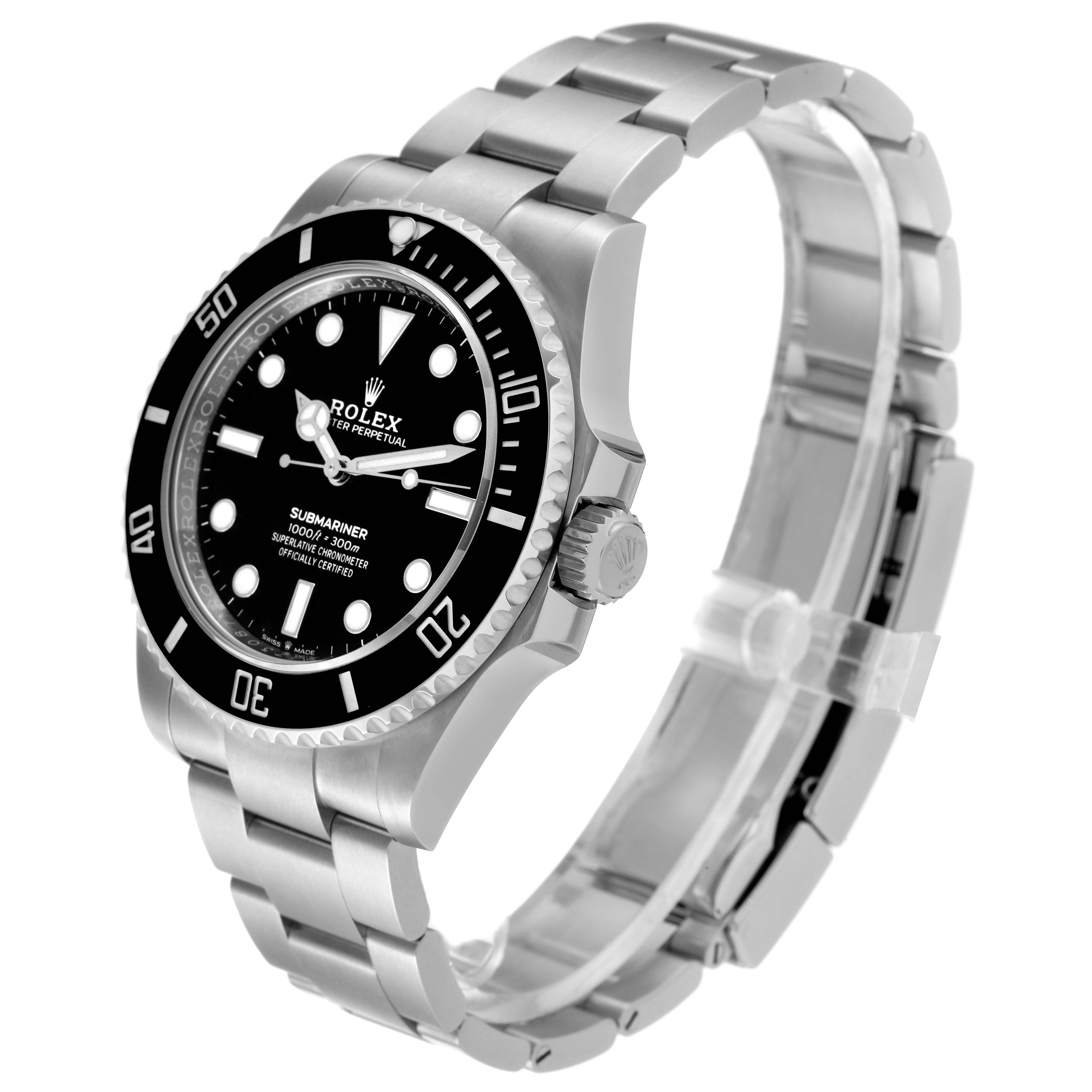 This image shows a side view of the Rolex Submariner 124060 Men's Stainless Steel Black Dial 124060 Men's Stainless Steel Black Dial watch, highlighting its face, bezel, crown, and bracelet.