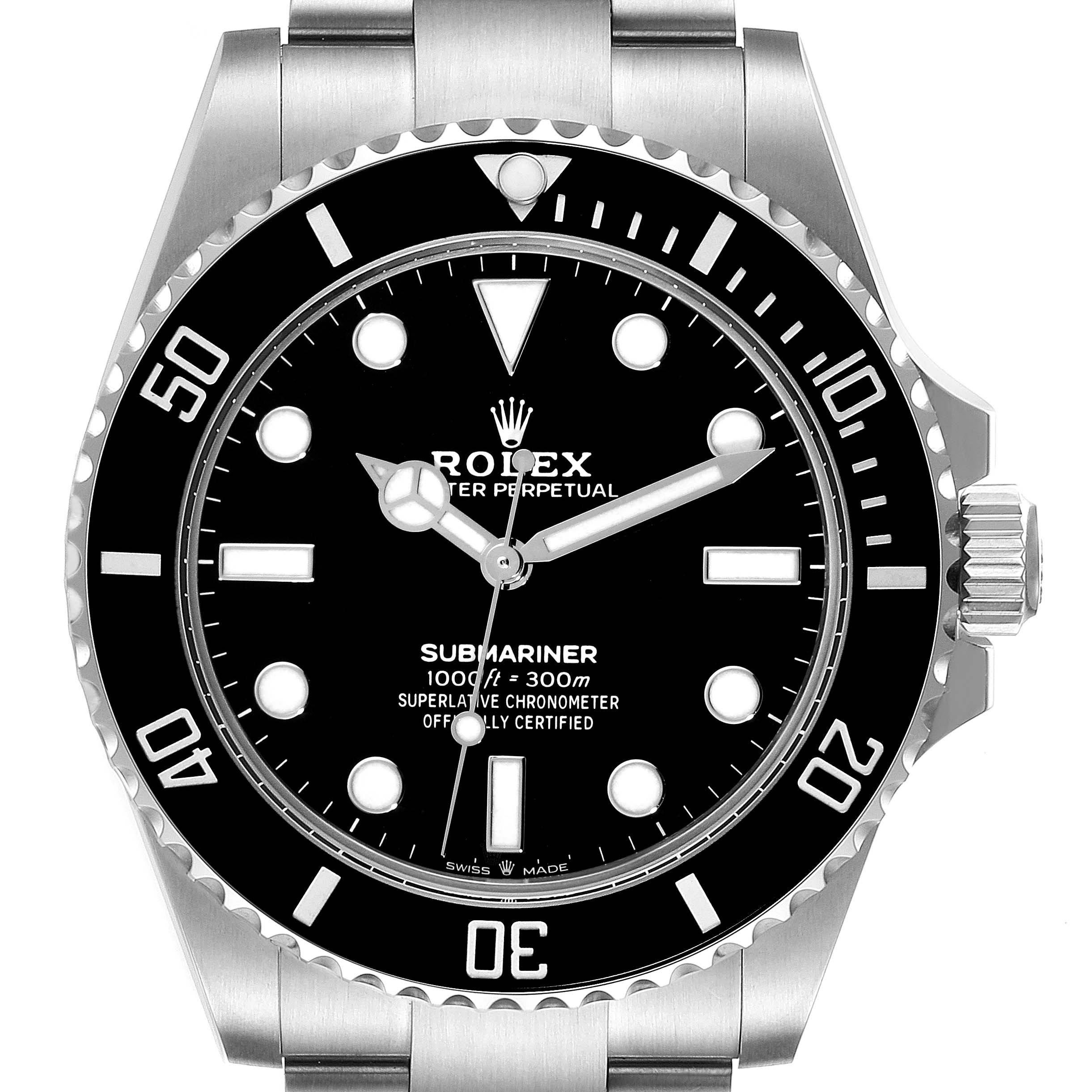 The image shows a front view of a Rolex Submariner 124060 Men's Stainless Steel Black Dial 124060 Men's Stainless Steel Black Dial watch, highlighting its dial, hands, bezel, and part of the bracelet.