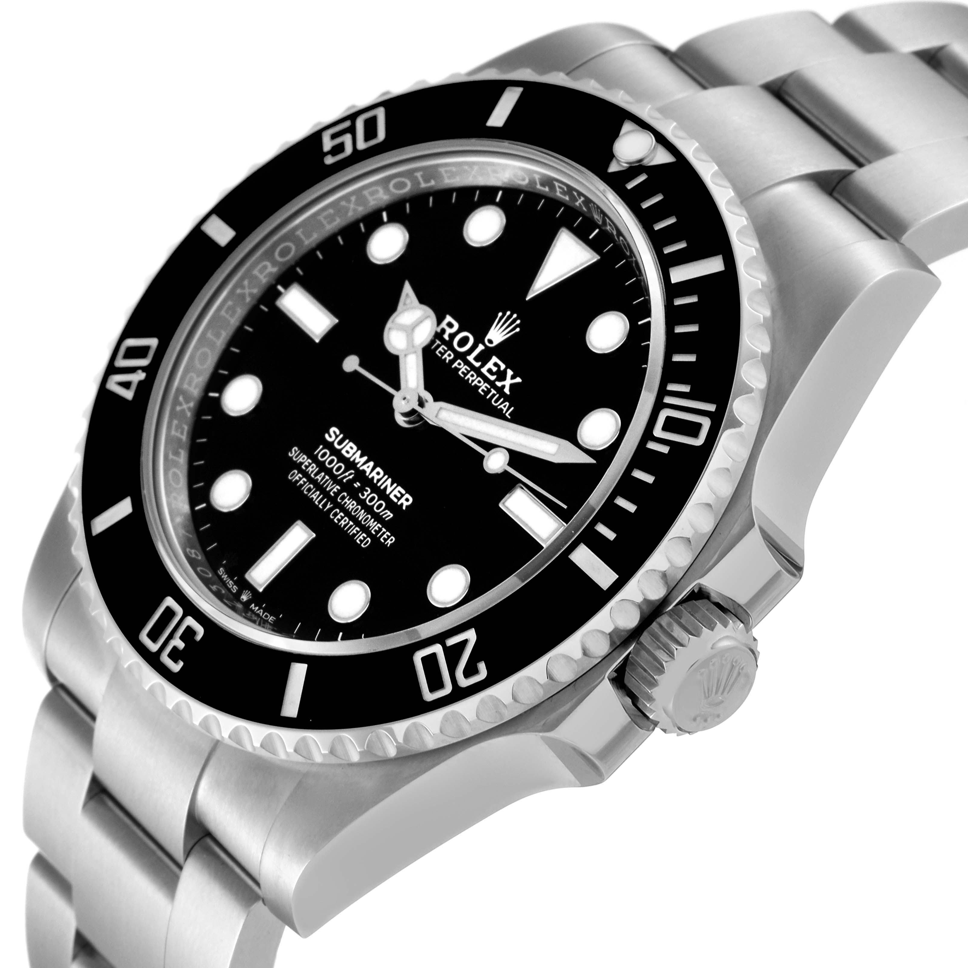 The image shows a close-up angle of the Rolex Submariner 124060 Men's Stainless Steel Black Dial 124060 Men's Stainless Steel Black Dial watch, highlighting the dial, bezel, and part of the bracelet.