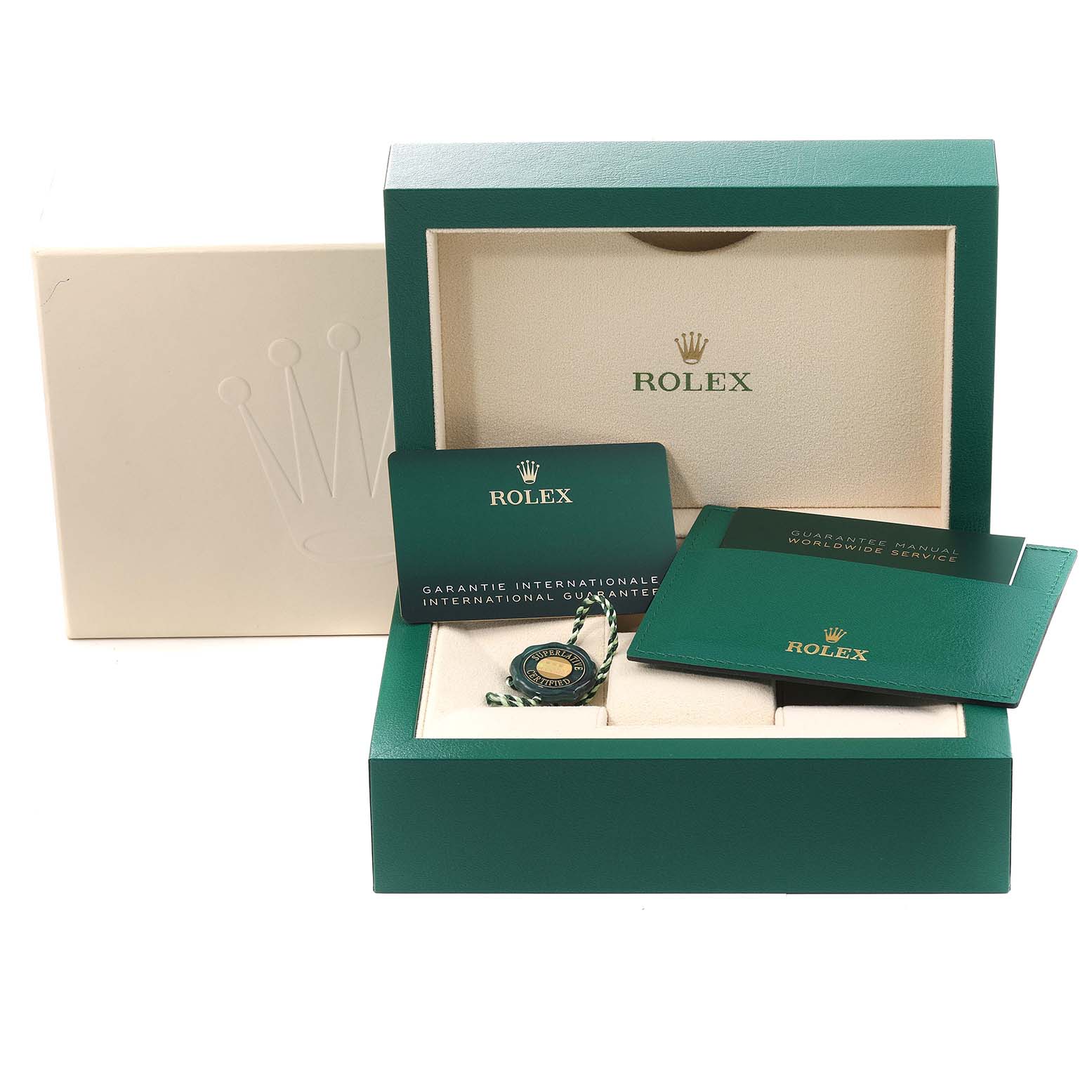 The image shows the packaging and accessories for a Rolex Submariner 124060 Men's Stainless Steel Black Dial 124060 Men's Stainless Steel Black Dial, including the box, warranty card, and manuals from a front angle.