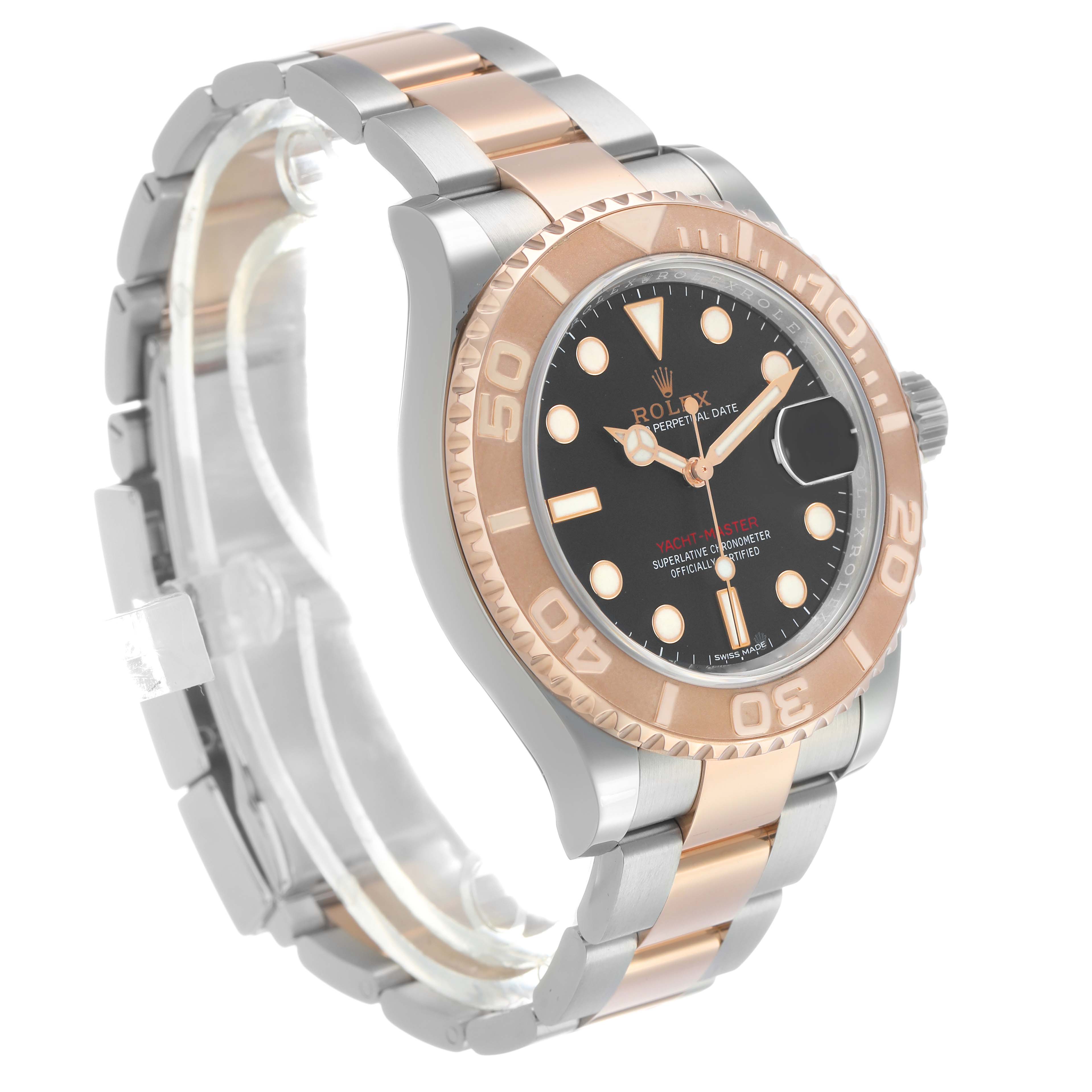 The Rolex Yacht-Master 116621 Men's Steel and Gold (two tone) Black Dial watch is shown at a three-quarter angle, highlighting the bezel, dial, and bracelet.