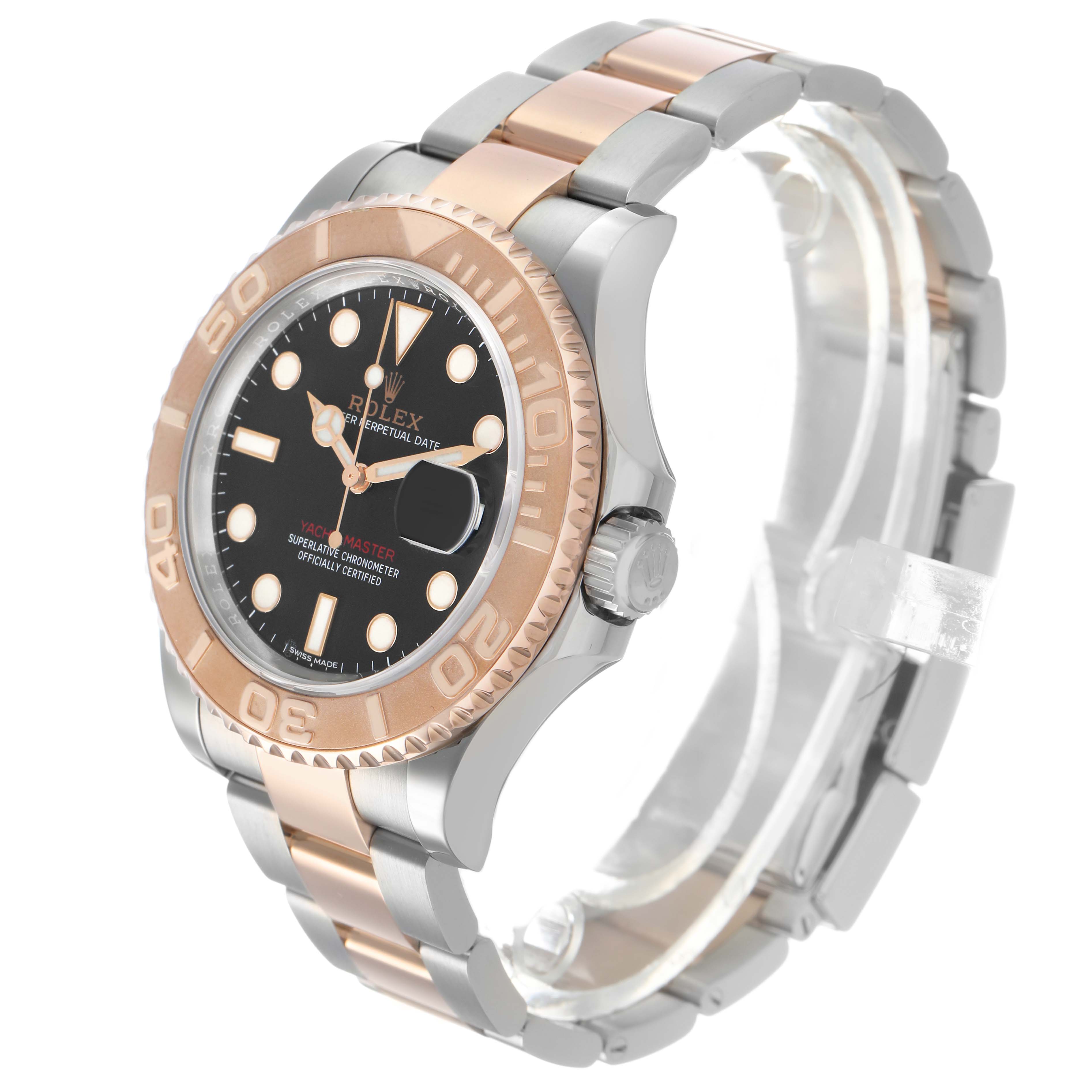 The Rolex Yacht-Master 116621 Men's Steel and Gold (two tone) Black Dial watch is shown at a slight angle, highlighting the dial, bezel, and two-tone bracelet.