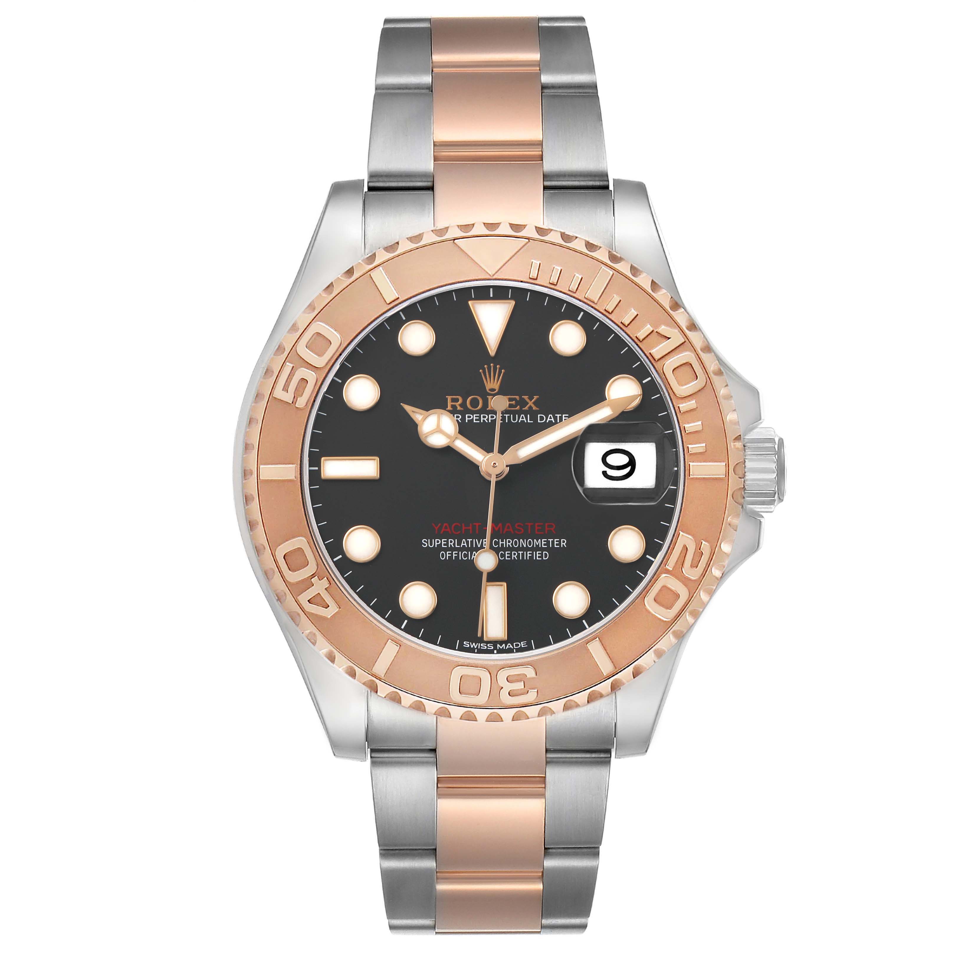 The Rolex Yacht-Master 116621 Men's Steel and Gold (two tone) Black Dial watch is shown from the front, highlighting its dial, bezel, and two-tone bracelet.
