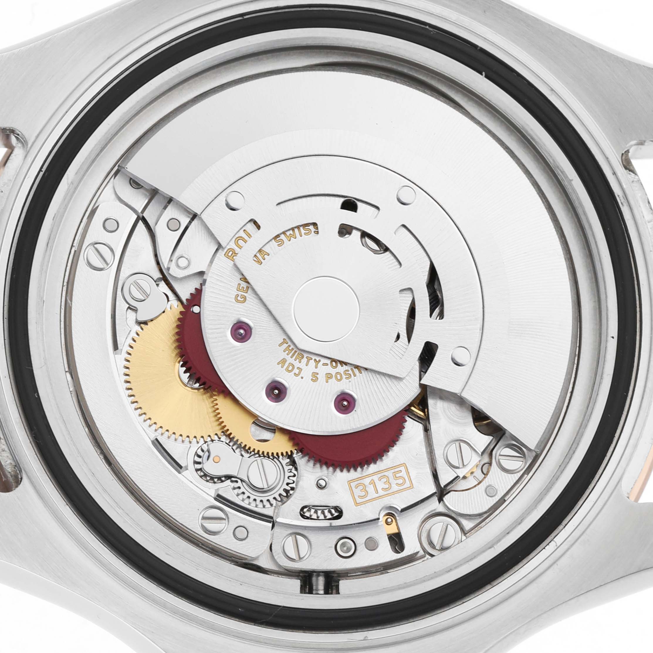 The image shows the movement mechanism of the Rolex Yacht-Master 116621 Men's Steel and Gold (two tone) Black Dial watch viewed from the back.
