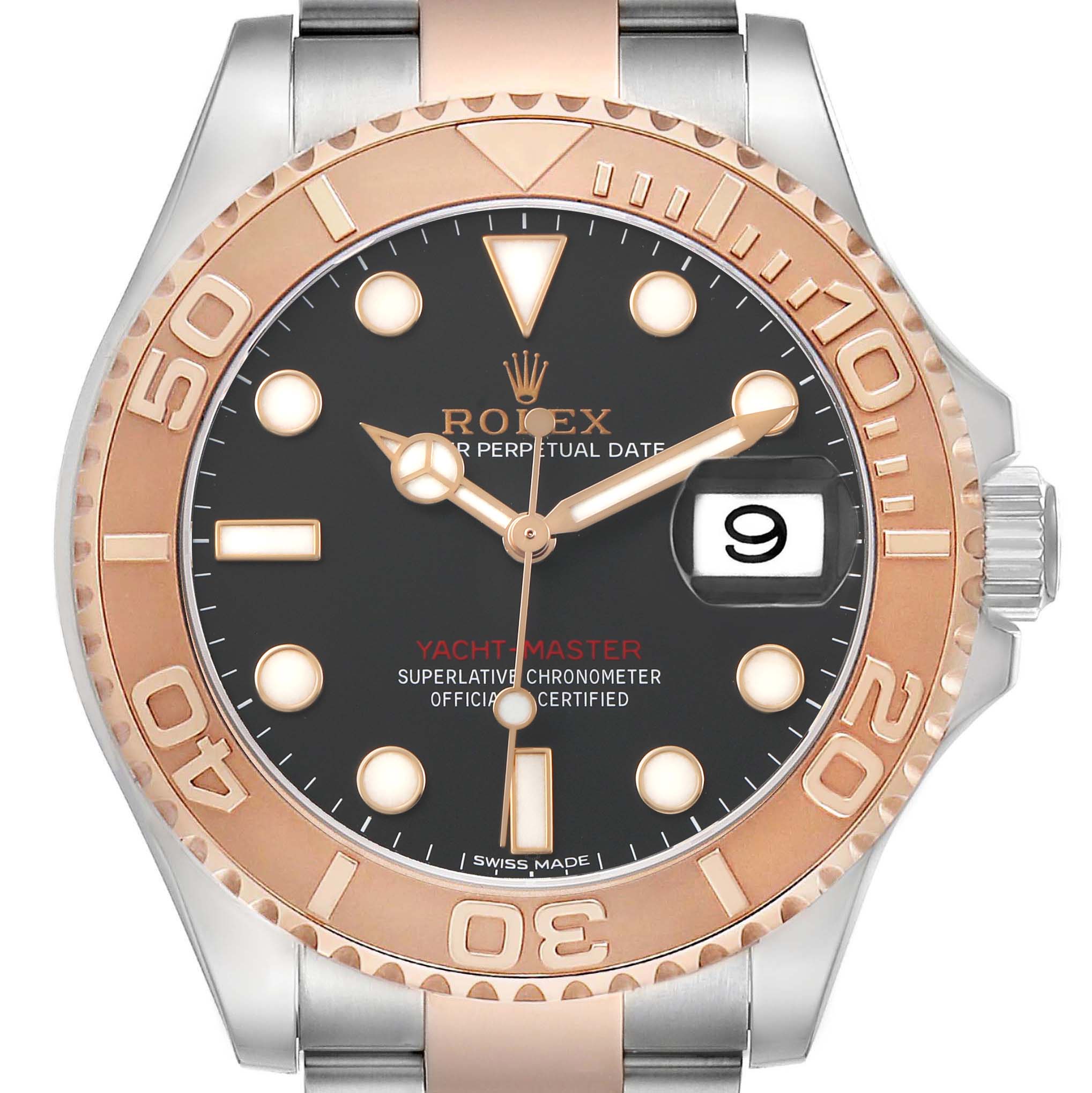 The Rolex Yacht-Master 116621 Men's Steel and Gold (two tone) Black Dial watch is shown from the front, displaying its bezel, dial, hands, and date window.