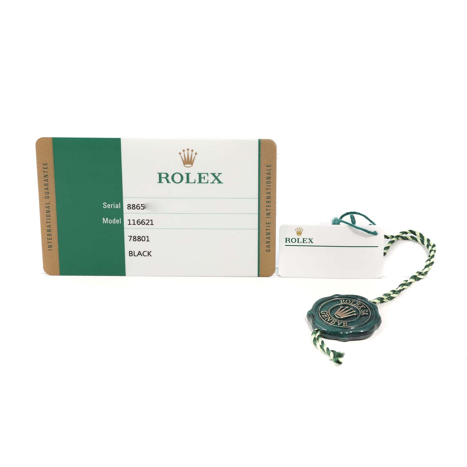 The image shows the warranty card and a green tag from a Rolex Yacht-Master 116621 Men's Steel and Gold (two tone) Black Dial watch, including model details.