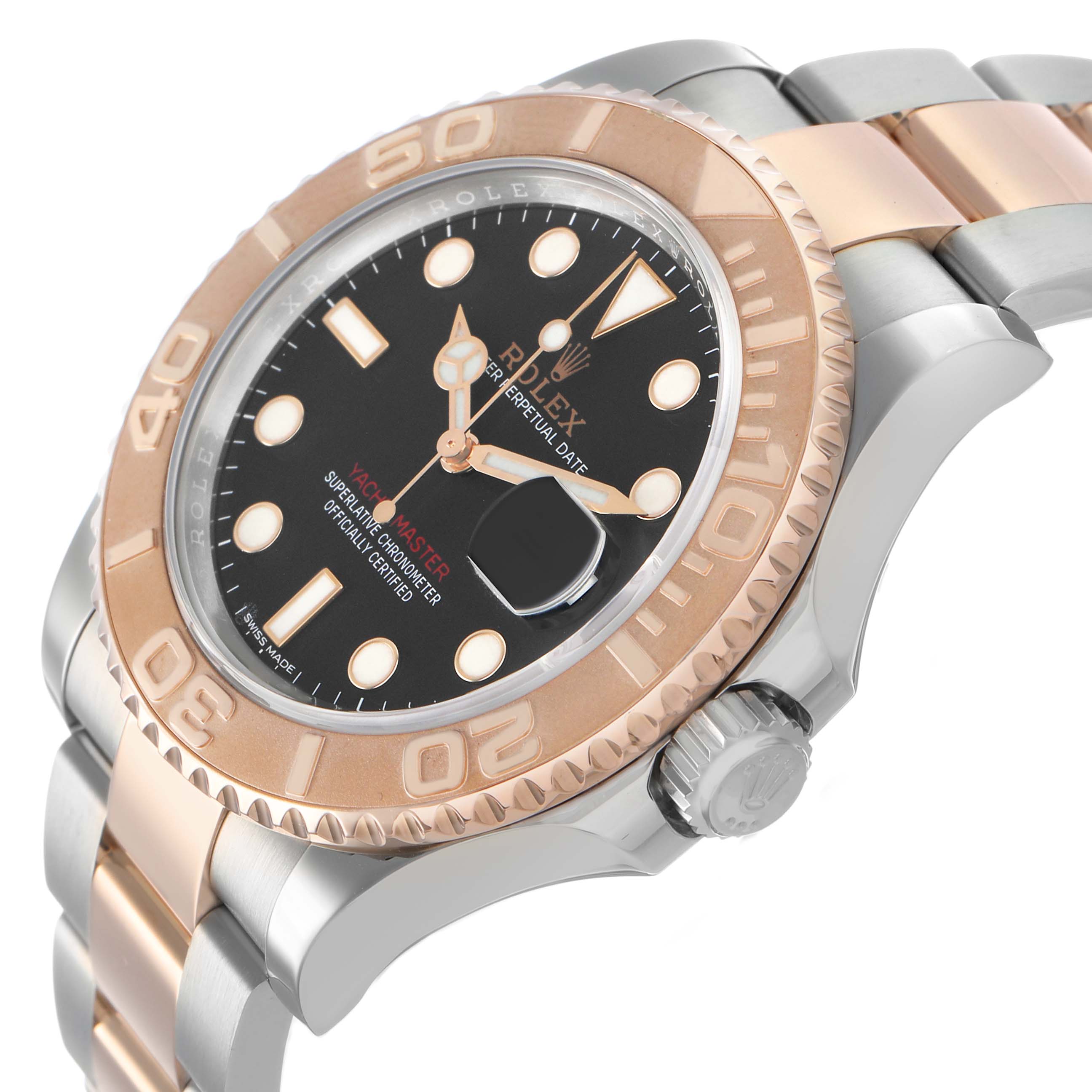 The Rolex Yacht-Master 116621 Men's Steel and Gold (two tone) Black Dial watch is shown at an angle highlighting the bezel, dial, and part of the bracelet.