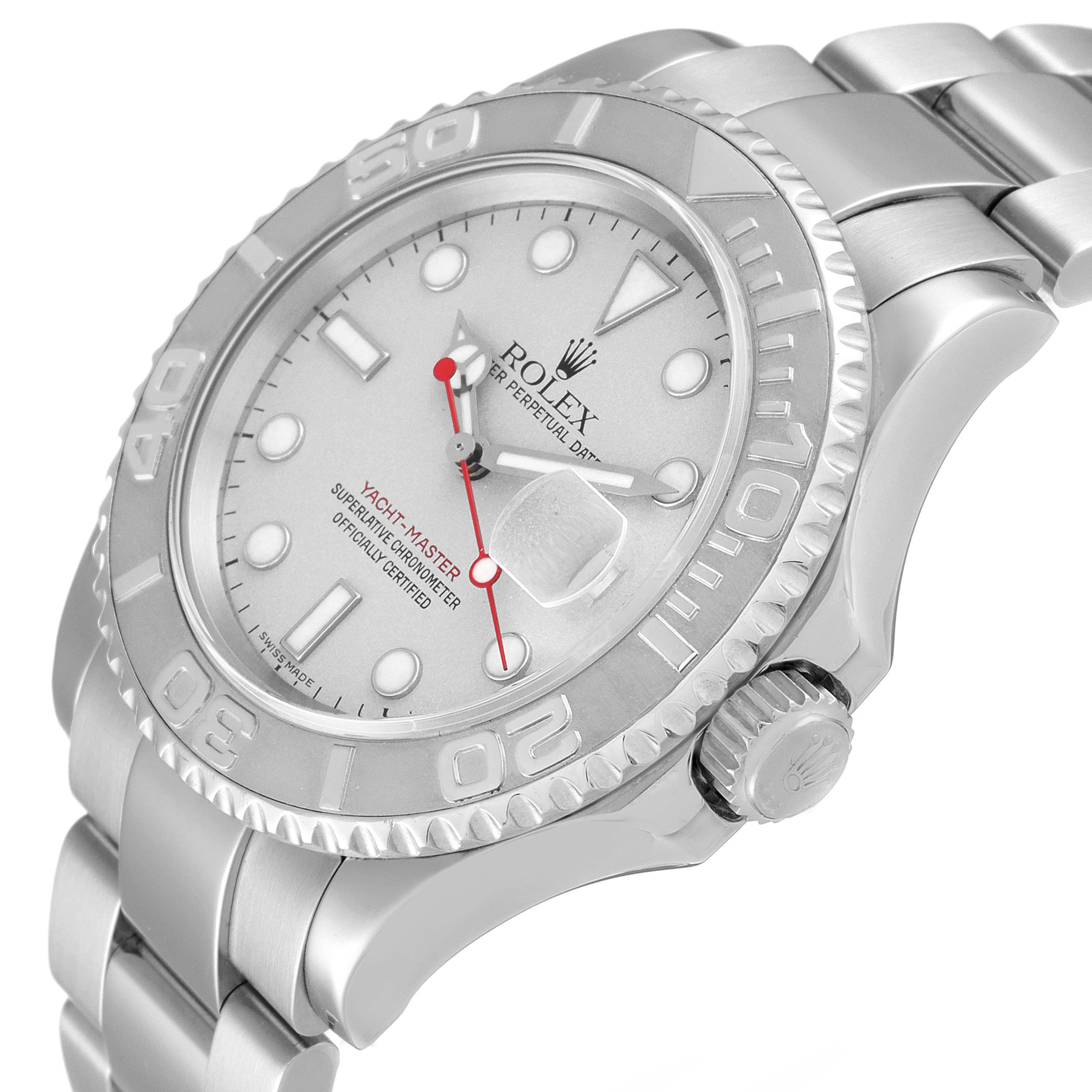 The image shows a Rolex Yacht-Master 16622 Men's Stainless Steel Silver Dial watch at an angle highlighting the dial, bezel, and part of the bracelet.