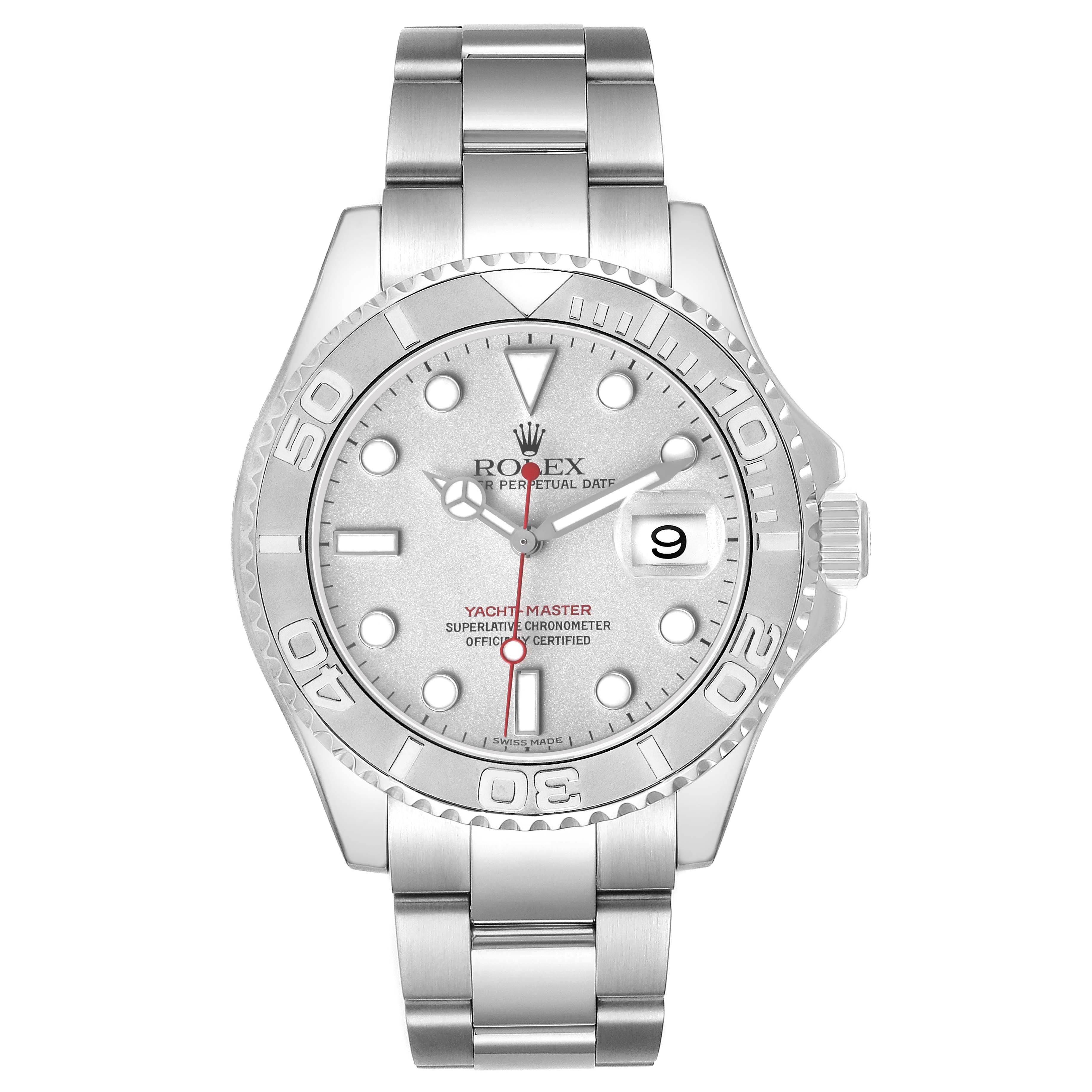 The Rolex Yacht-Master 16622 Men's Stainless Steel Silver Dial watch is shown from the front, displaying the face, bezel, bracelet, and date window.