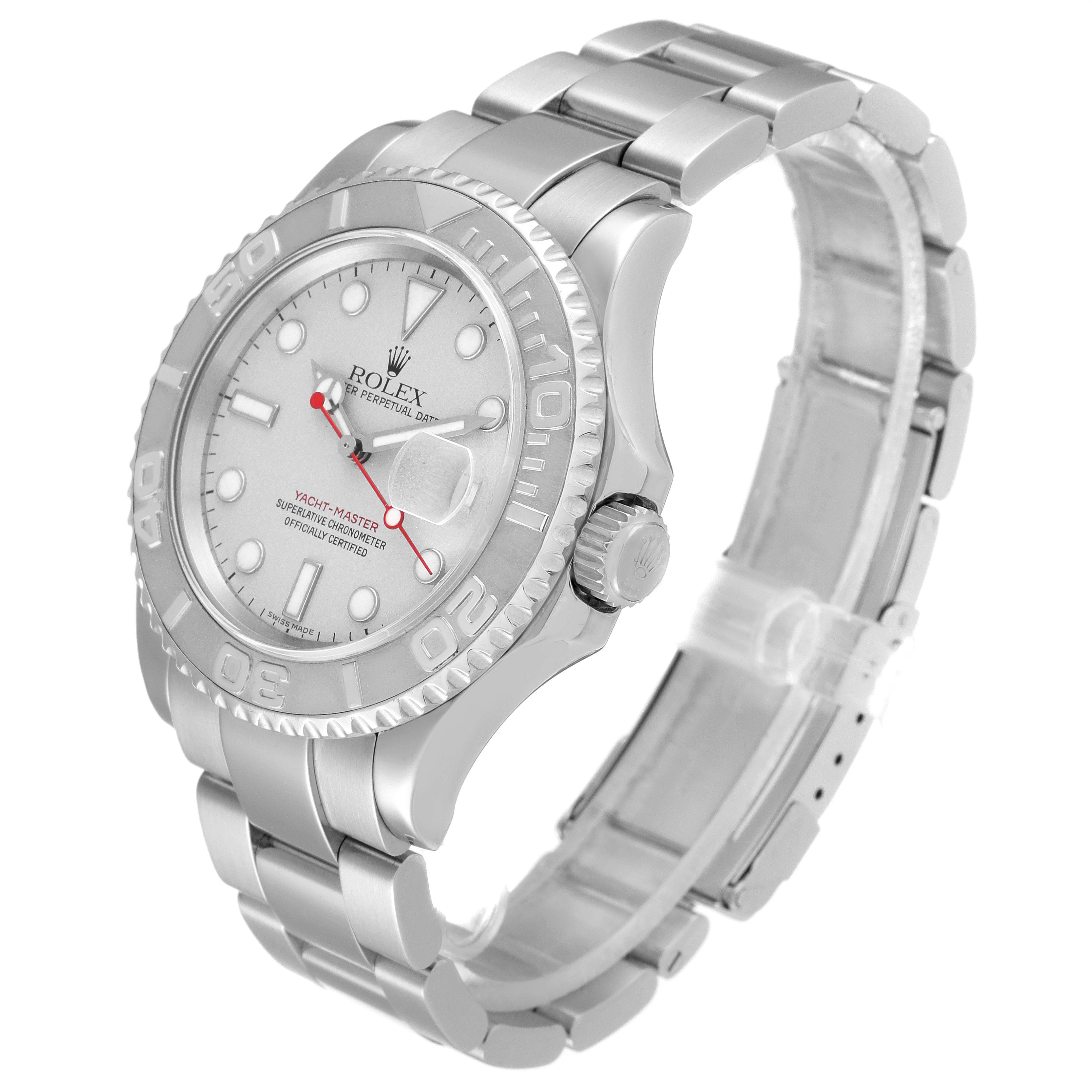 The Rolex Yacht-Master 16622 Men's Stainless Steel Silver Dial watch is shown at a three-quarter angle, displaying its silver dial, bezel, and bracelet.