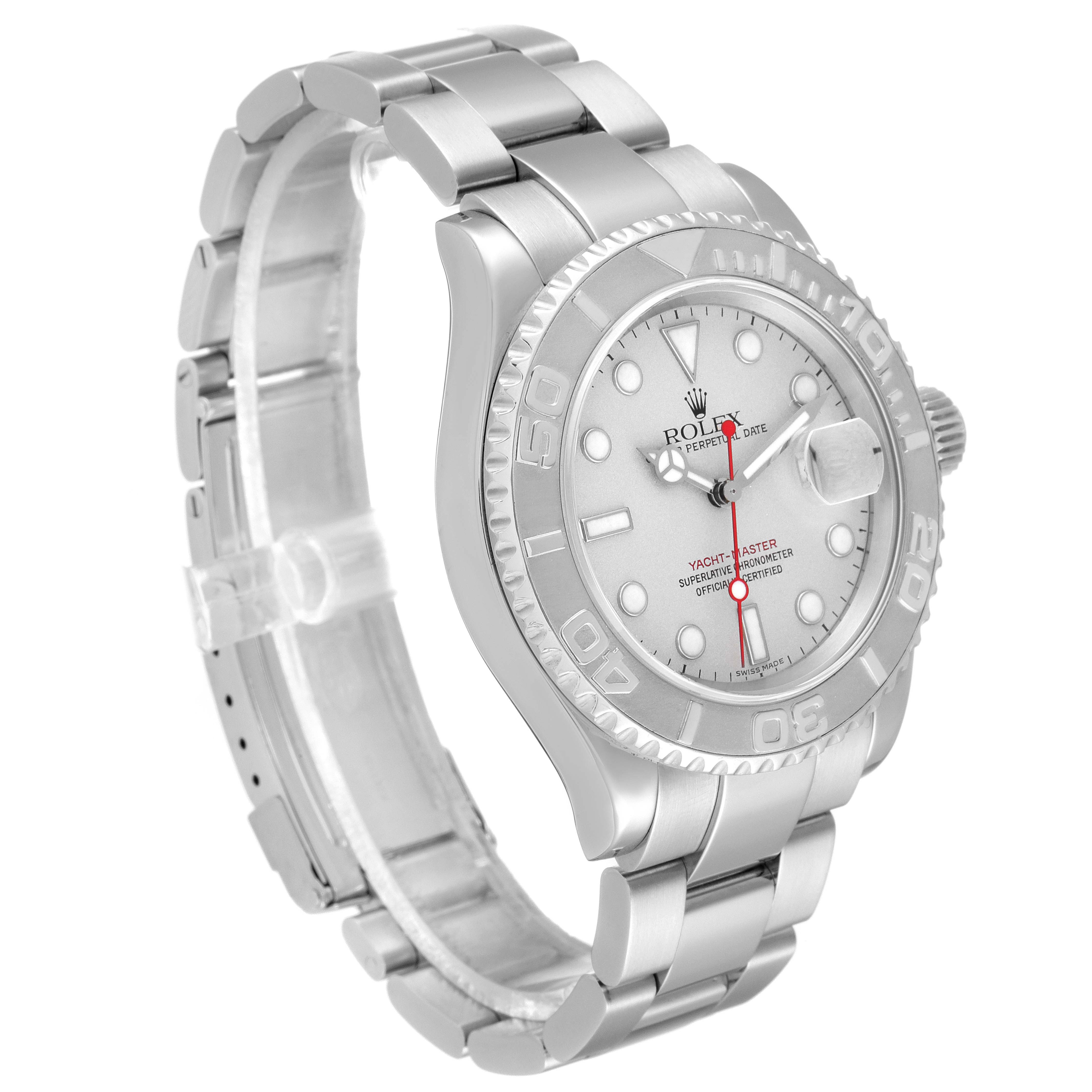 The Rolex Yacht-Master 16622 Men's Stainless Steel Silver Dial watch is shown at a slight angle, highlighting the bezel, dial, and bracelet.
