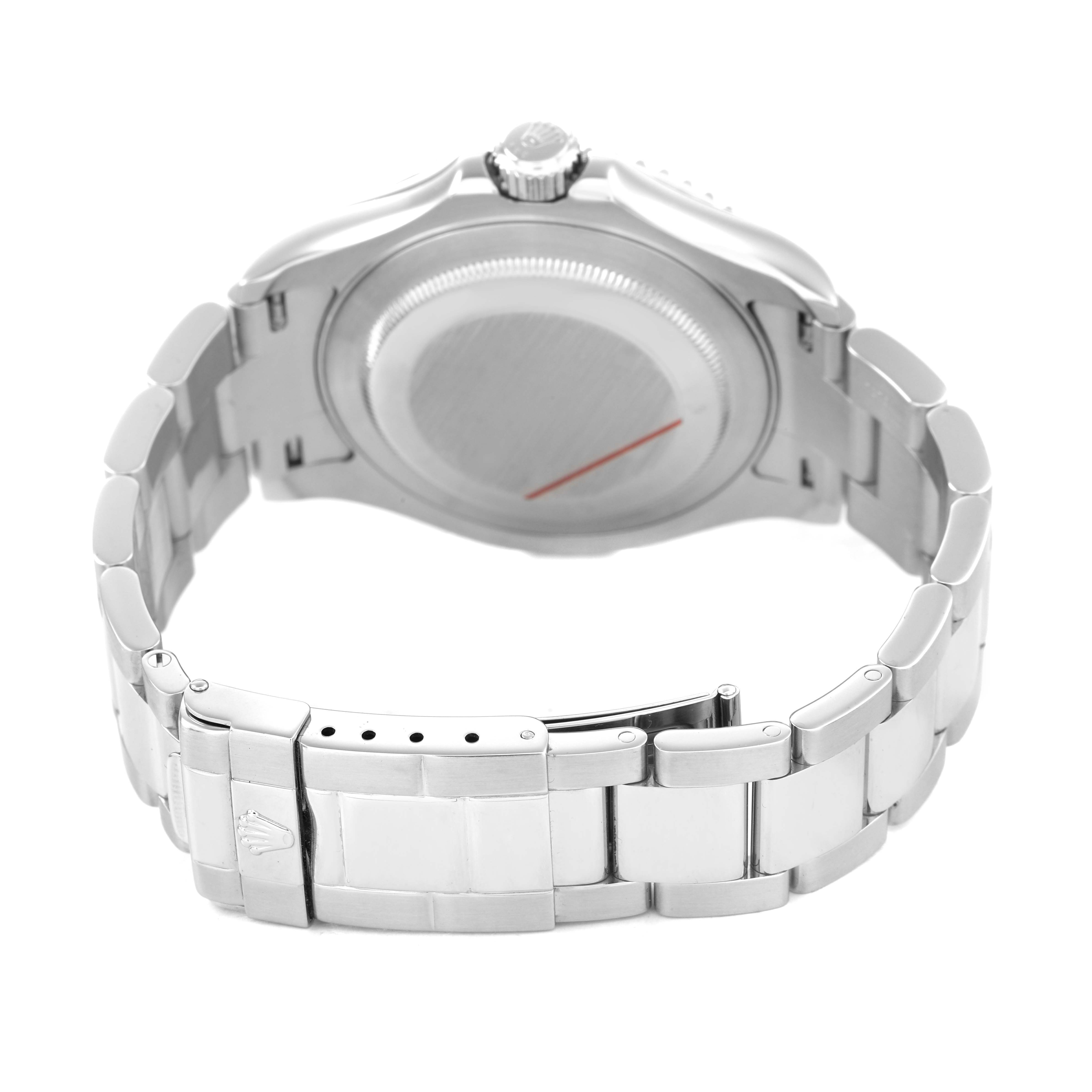 The image shows the back and clasp of the Rolex Yacht-Master 16622 Men's Stainless Steel Silver Dial watch at an angle, displaying its bracelet and case back.