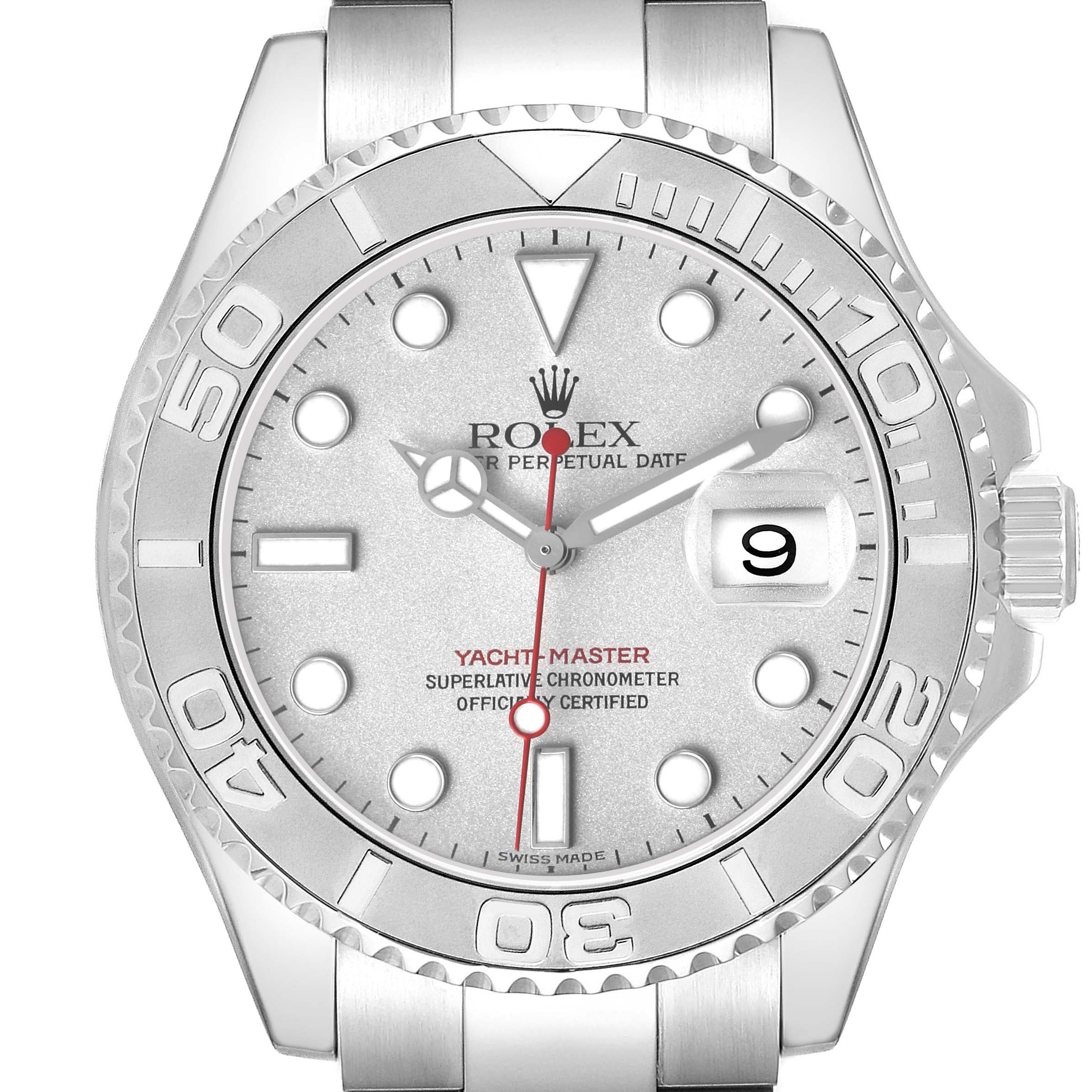 The image shows a frontal view of the Rolex Yacht-Master 16622 Men's Stainless Steel Silver Dial, highlighting the dial, bezel, and crown.