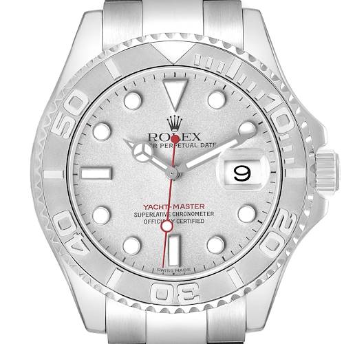 The Rolex Yacht-Master 16622 Men's Stainless Steel Silver Dial watch is shown from a top-down angle, highlighting its bezel, dial, hands, and date feature.