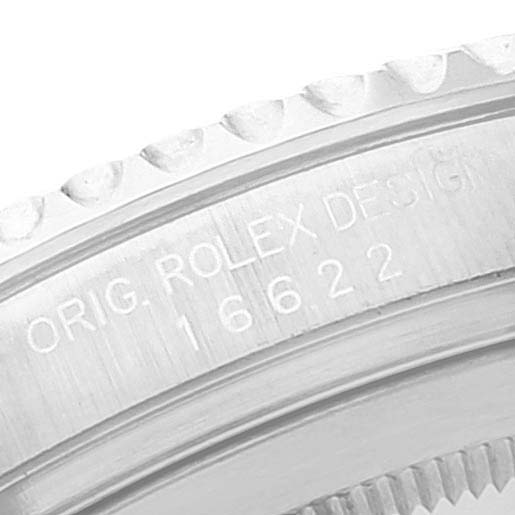 The image shows a close-up of the engraved side of a Rolex Yacht-Master 16622 Men's Stainless Steel Silver Dial watch, displaying the model number "16622."