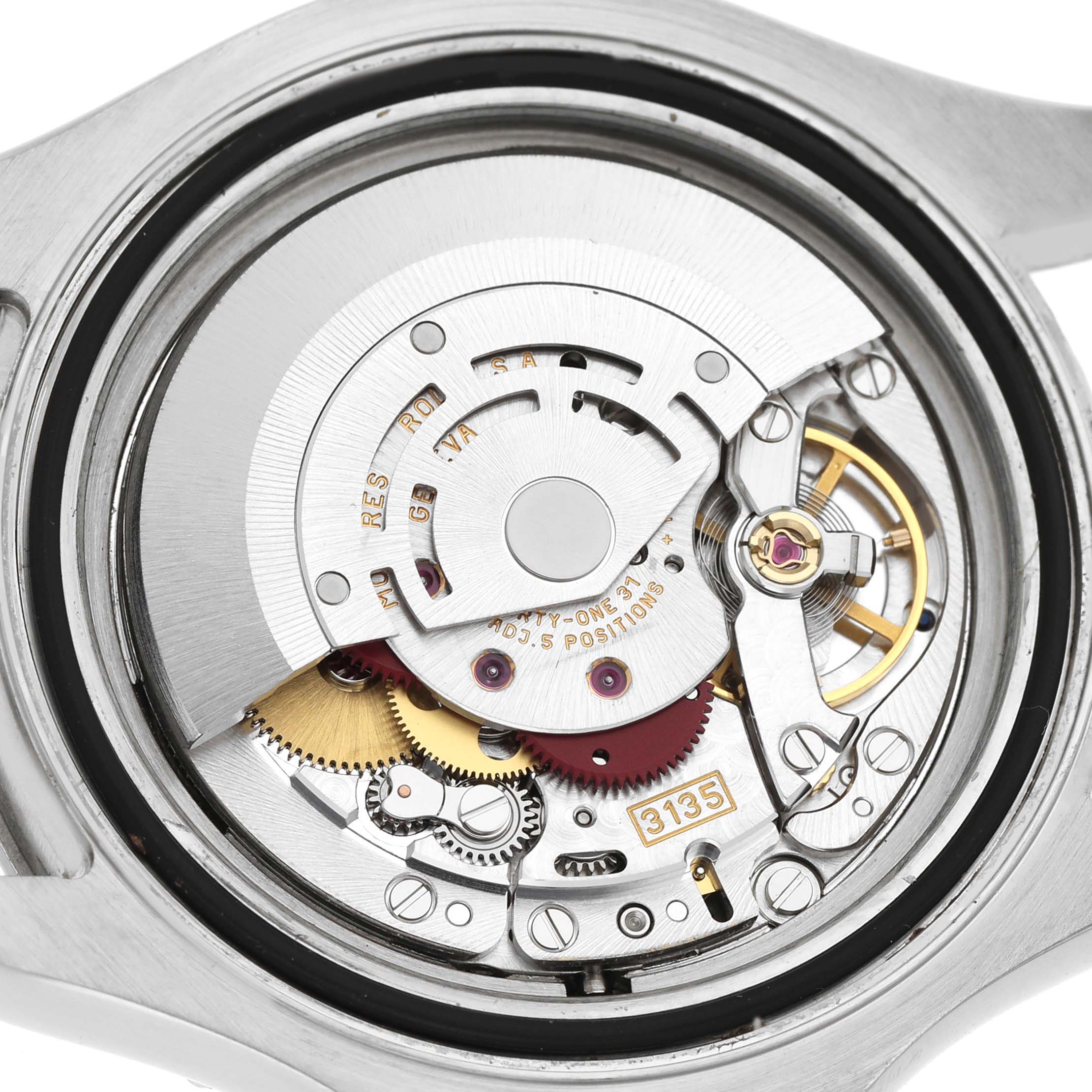 The image shows the back view of a Rolex Yacht-Master 16622 Men's Stainless Steel Silver Dial, highlighting its intricate movement mechanism.