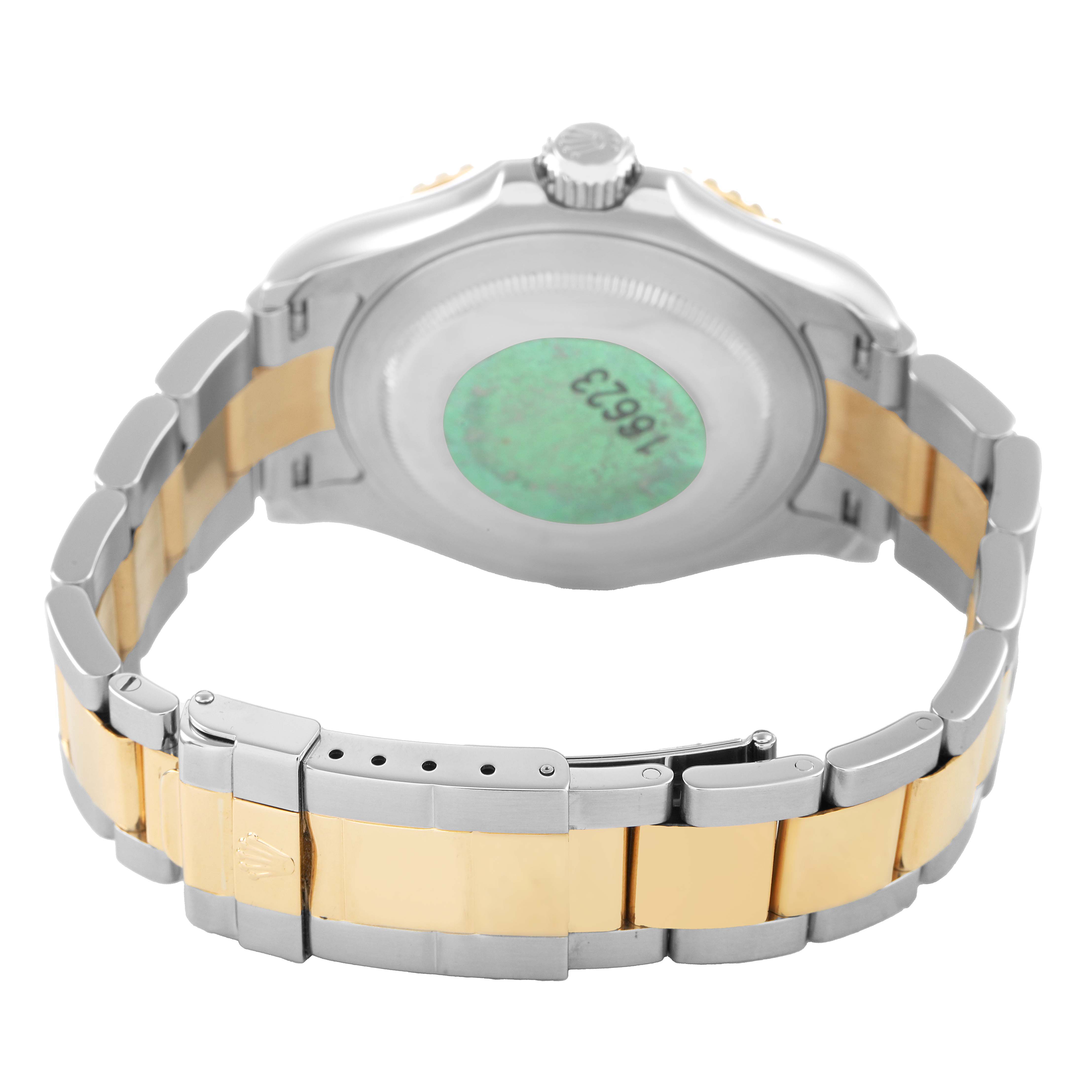 The image shows the back and clasp of a Rolex Yacht-Master 16623 Men's Steel and Gold (two tone) Blue Dial watch, highlighting its two-tone bracelet.
