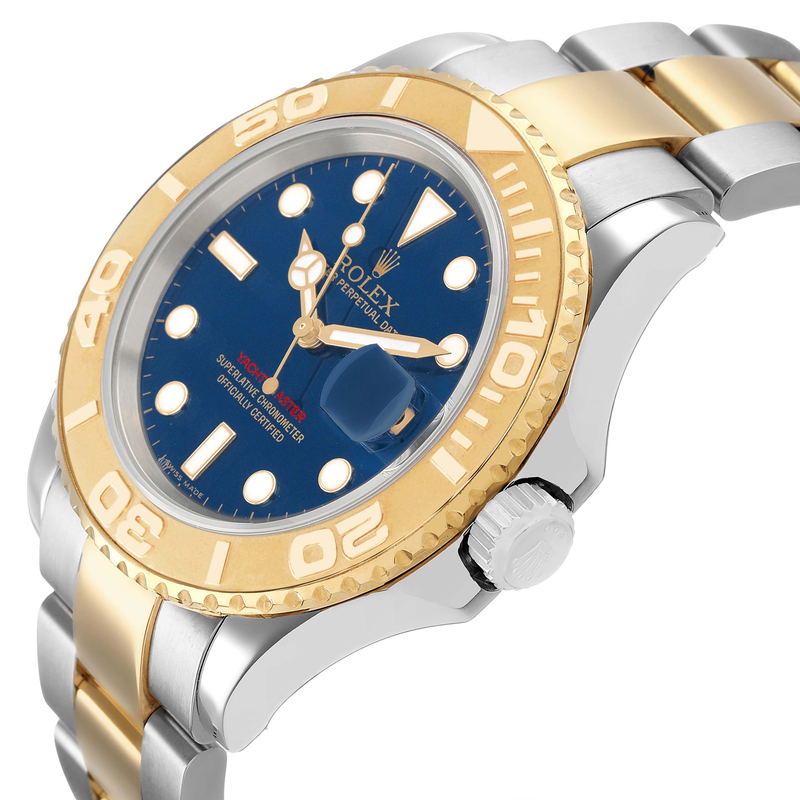 The Rolex Yacht-Master 16623 Men's Steel and Gold (two tone) Blue Dial model is shown at a slight side angle, highlighting the bezel, dial, crown, and bracelet links. 