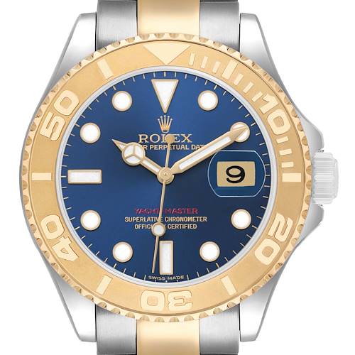 The image shows a front view of the Rolex Yacht-Master 16623 Men's Steel and Gold (two tone) Blue Dial, highlighting the blue dial, gold bezel, and date feature.