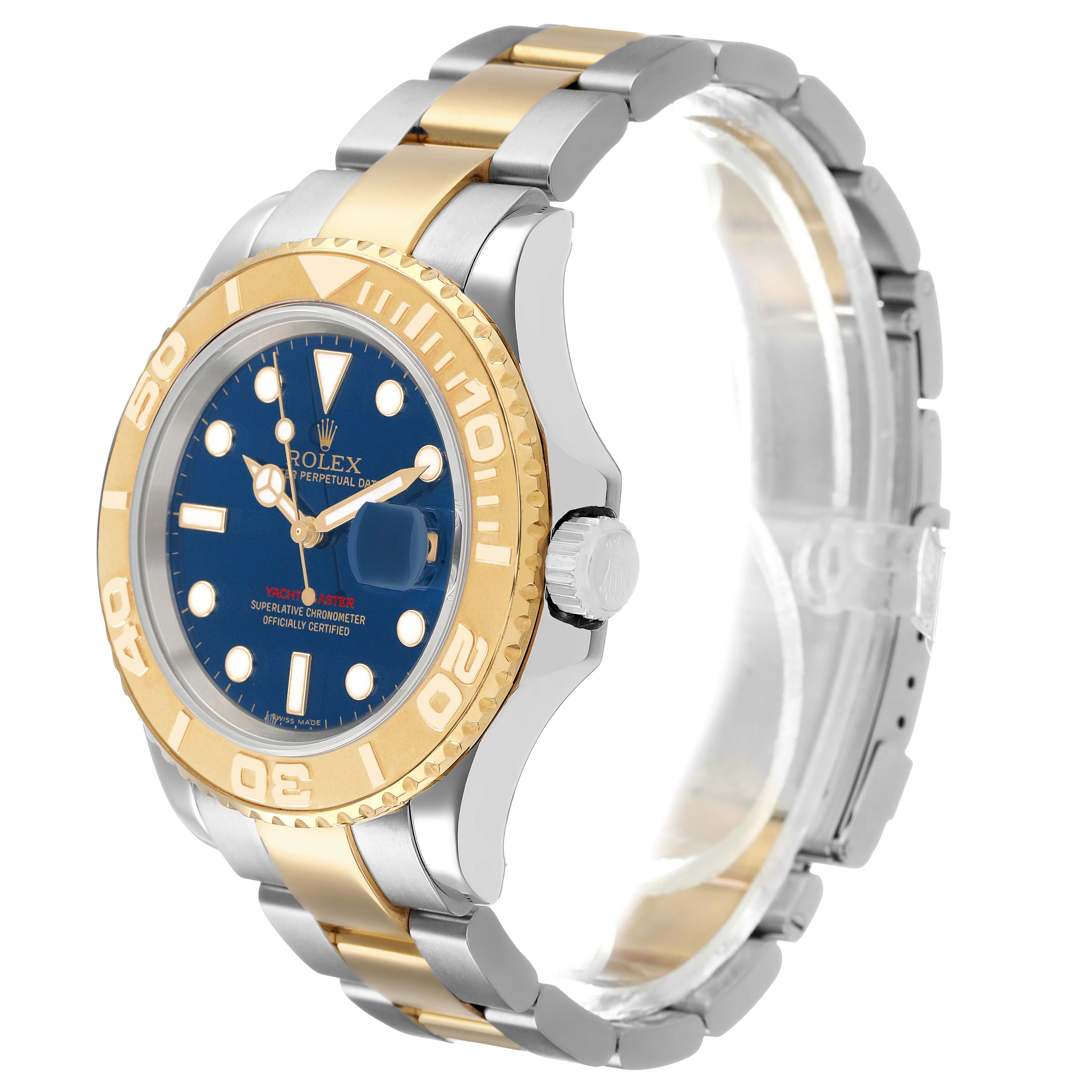 The Rolex Yacht-Master 16623 Men's Steel and Gold (two tone) Blue Dial watch is shown at a three-quarter angle, highlighting the bezel, dial, and bracelet.