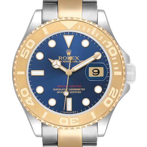 The image shows a front view of the Rolex Yacht-Master 16623 Men's Steel and Gold (two tone) Blue Dial, highlighting its gold bezel and blue dial.