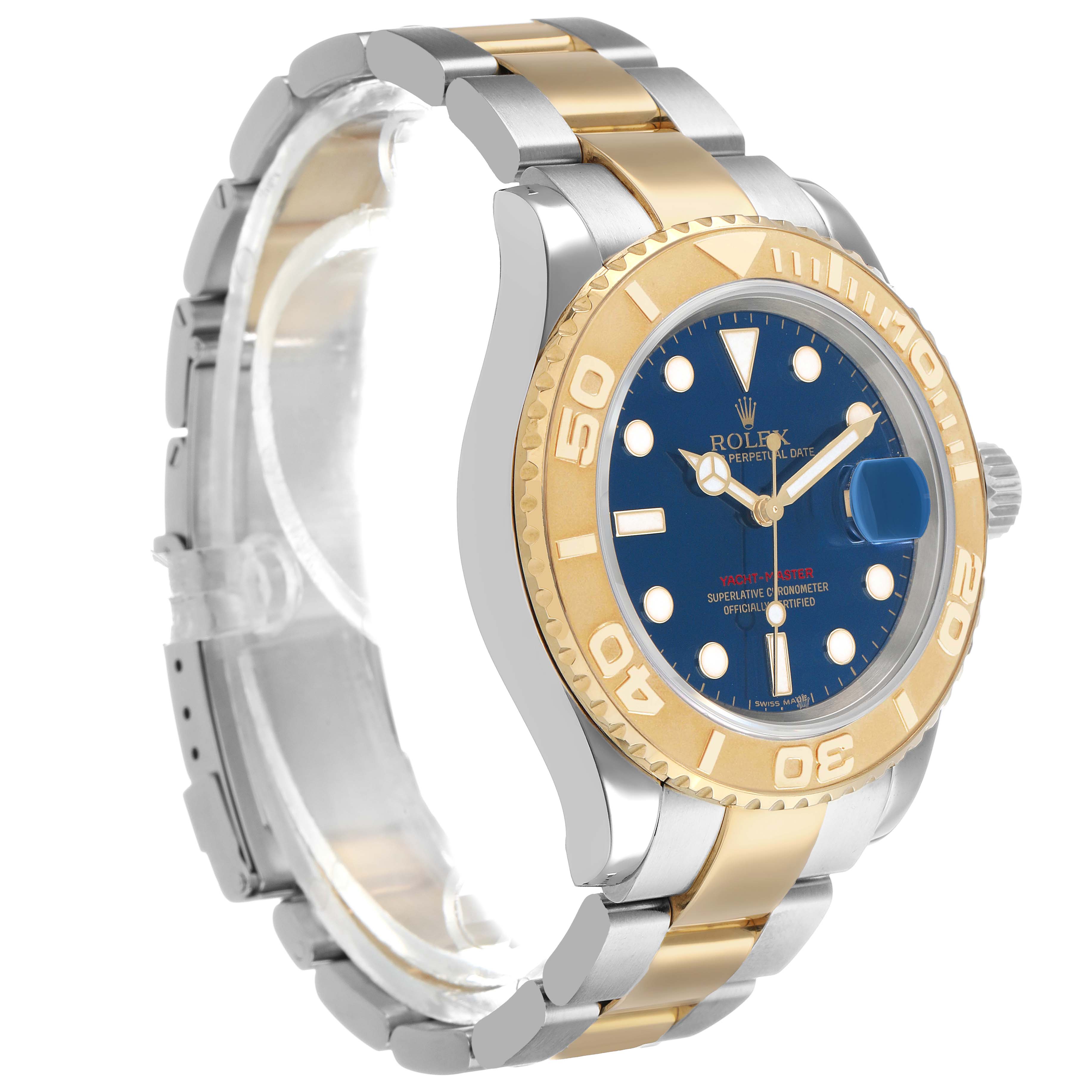 The Rolex Yacht-Master 16623 Men's Steel and Gold (two tone) Blue Dial watch is shown at a side angle, highlighting its bezel, bracelet, and blue dial.