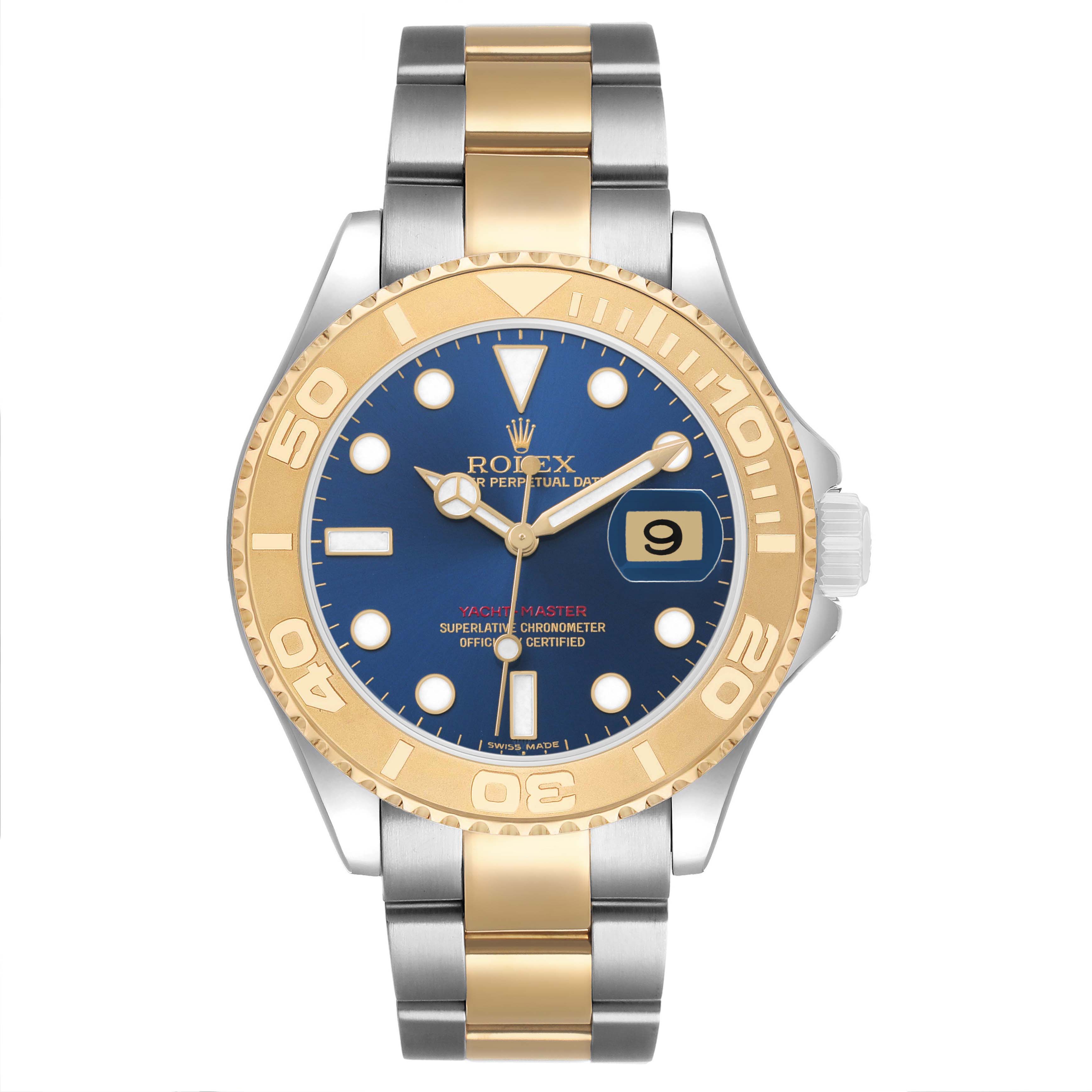 The Rolex Yacht-Master 16623 Men's Steel and Gold (two tone) Blue Dial watch is shown from a top-down angle, displaying its face, bezel, and bracelet.