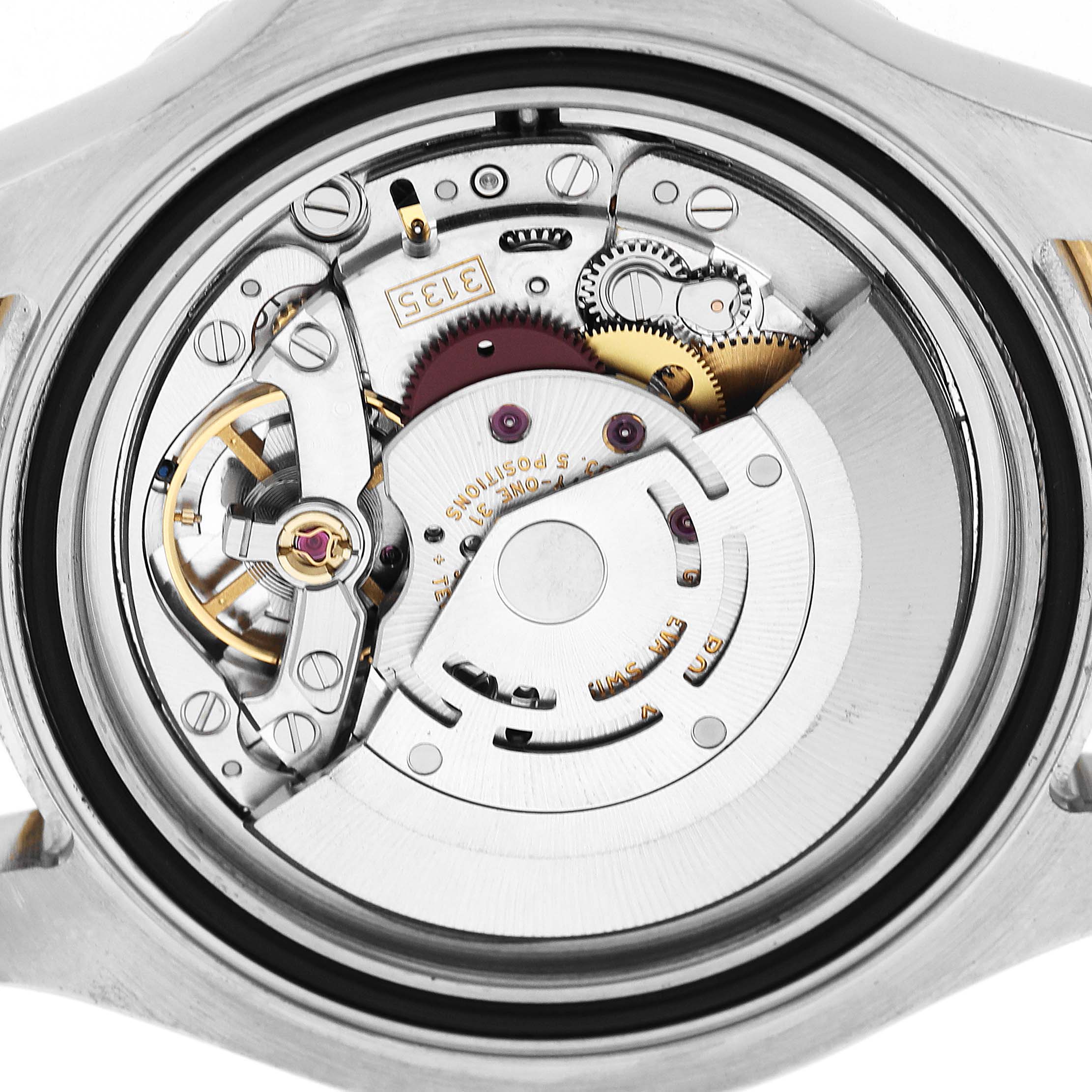 The image shows the movement mechanism of a Rolex Yacht-Master 16623 Men's Steel and Gold (two tone) Blue Dial watch from the back angle.