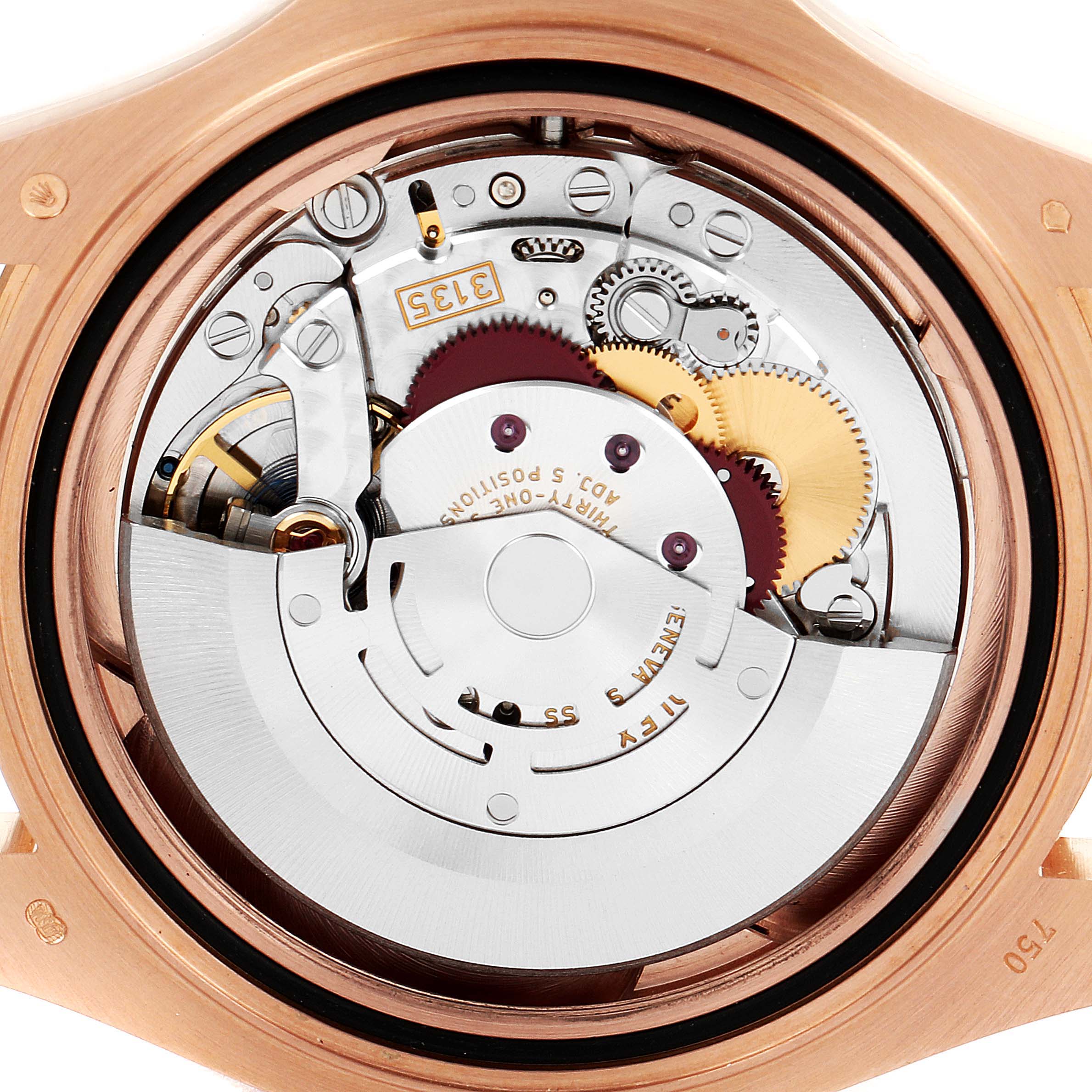 This is the back view of the Rolex Yacht-Master 116655 Men
s Rose Gold Black Dial 116655 Men
s Rose Gold Black Dial watch, showing its internal mechanical movement and components.