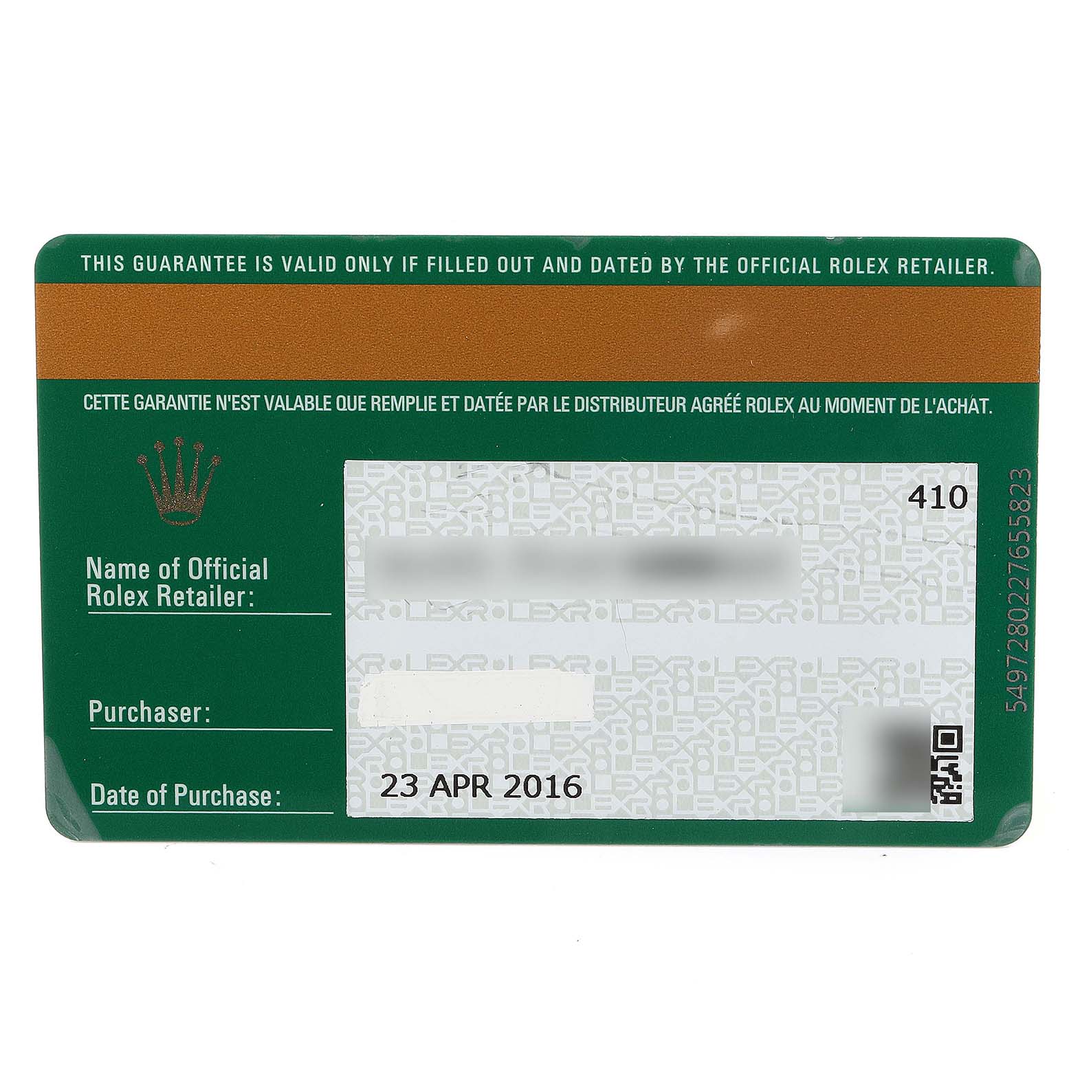 The image shows the official guarantee card for the Rolex Yacht-Master 116655 Men
s Rose Gold Black Dial 116655 Men
s Rose Gold Black Dial watch, viewed from the front.