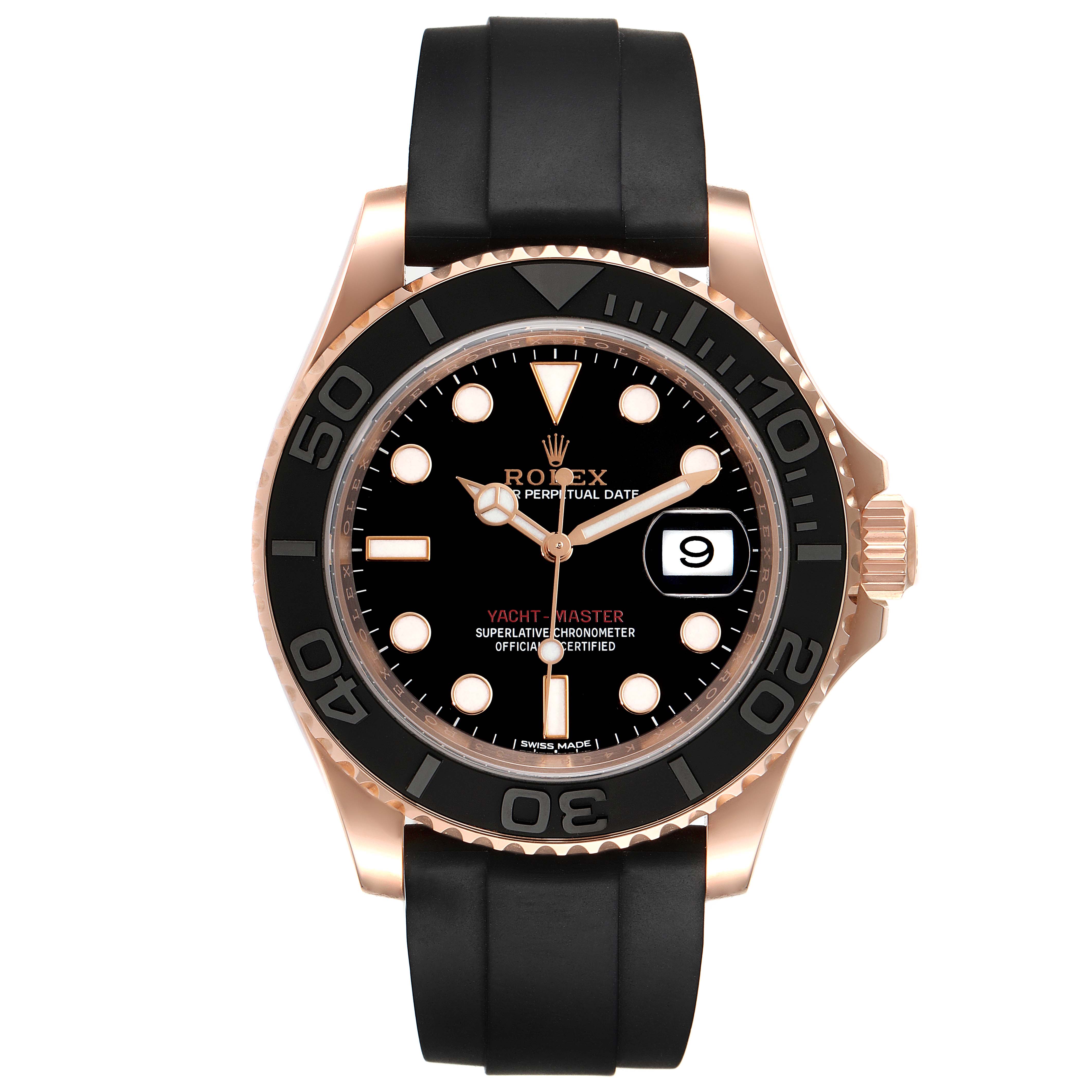 The Rolex Yacht-Master 116655 Men
s Rose Gold Black Dial 116655 Men
s Rose Gold Black Dial watch is shown from a front angle, highlighting the black dial, bezel, and rubber strap.
