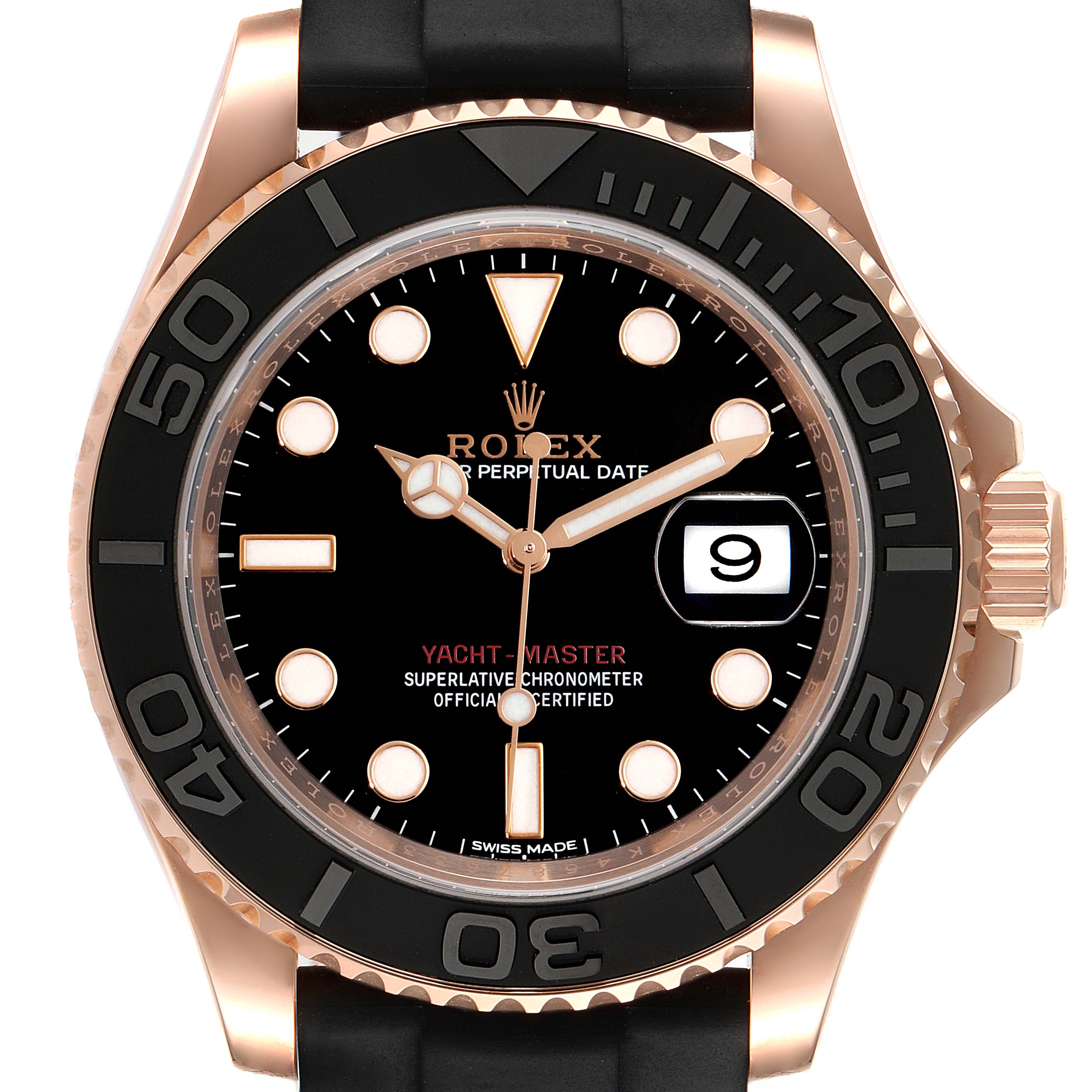 The image shows a front view of a Rolex Yacht-Master 116655 Men
s Rose Gold Black Dial 116655 Men
s Rose Gold Black Dial watch, highlighting its dial, bezel, and crown.