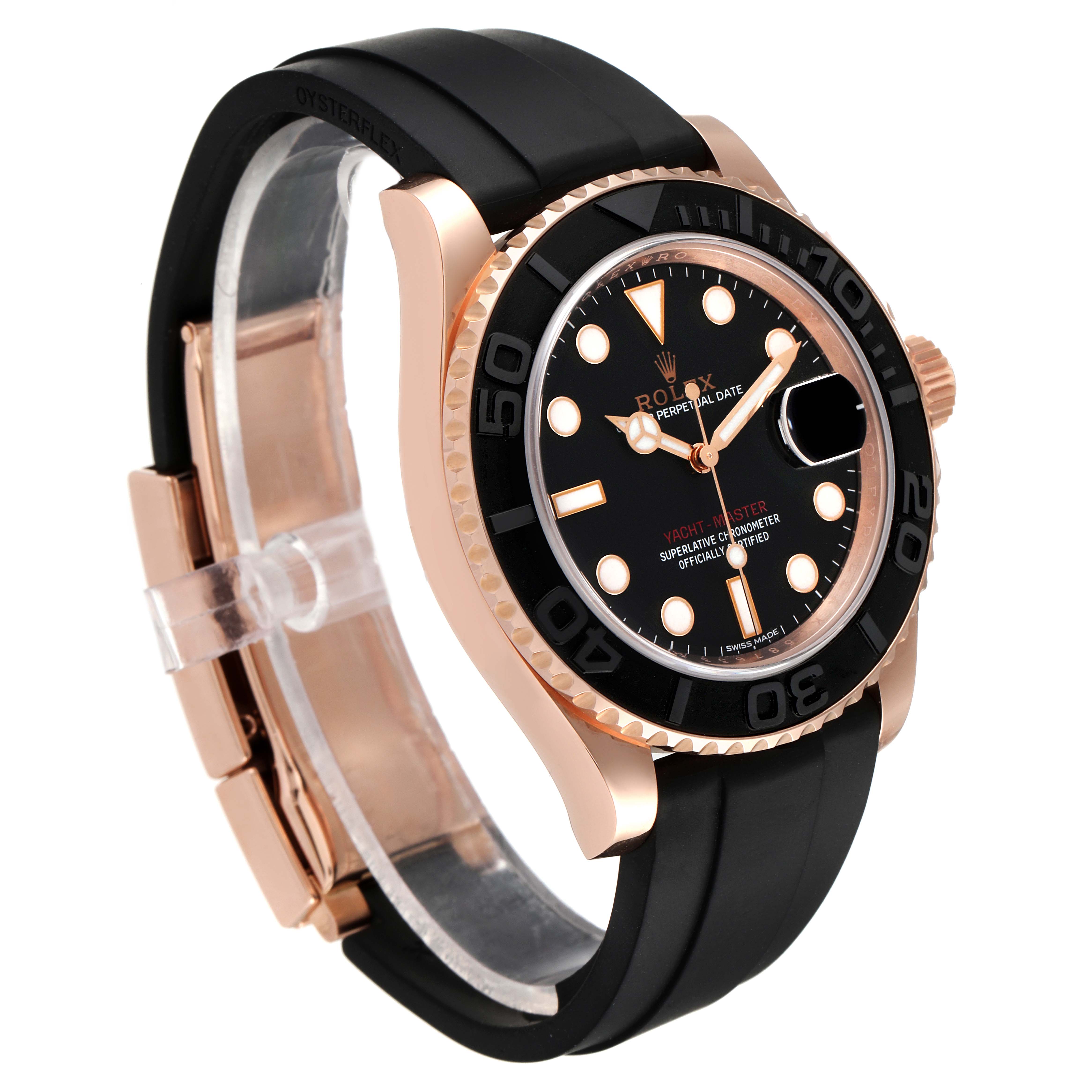 The Rolex Yacht-Master 116655 Men
s Rose Gold Black Dial 116655 Men
s Rose Gold Black Dial watch is shown at an angle highlighting the face, bezel, crown, and Oysterflex strap.