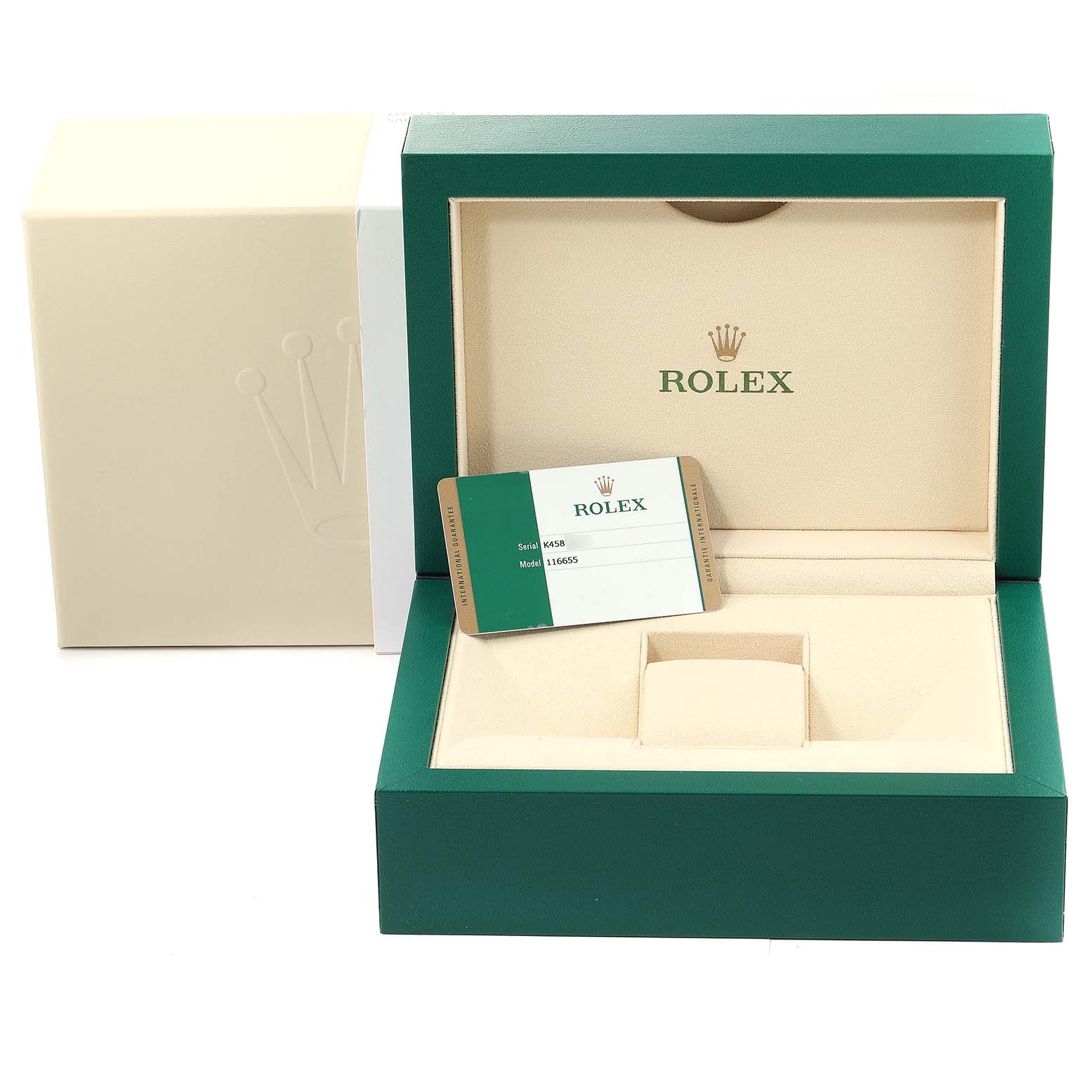 The image shows the open box for a Rolex Yacht-Master 116655 Men
s Rose Gold Black Dial 116655 Men
s Rose Gold Black Dial watch, with a green and white warranty card inside.